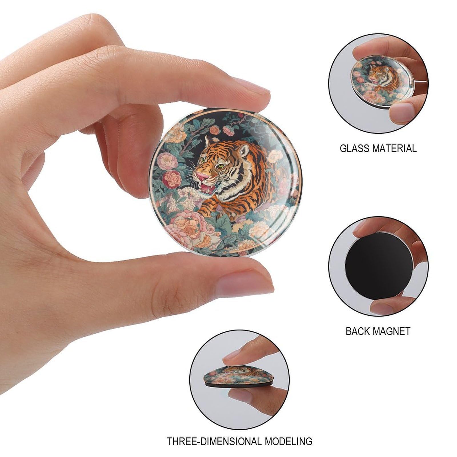 Chinoiserie - Imanes de cristal para refrigerador, diseño de tigre, flores, pequeños imanes asiáticos chinos para pizarra, nevera, cocina, oficina, 4 unidades