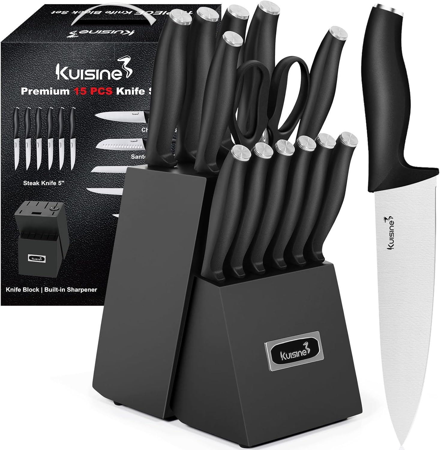 Kuisine Kitchen Chef Knife Block Set,High Carbon Stainless Steel Sharp Knife Set with Built-in Sharpener,Elegant Gift(Black,15pcs) Kuisine Kitchen Chef Knife Block Set,High Carbon Stainless Steel Sharp Knife Set with Built-in Sharpener,Elegant Gift(Black,15pcs)