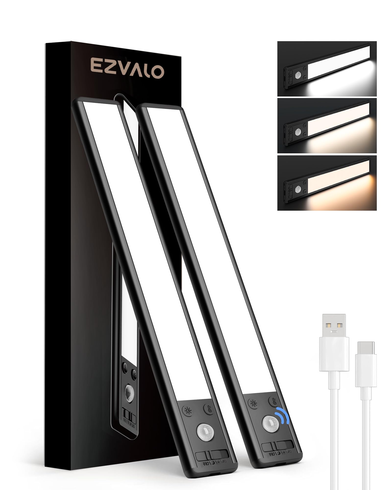 EZVALO Under Cabinet Kitchen Lights, 3 Color Dimmable 62 LED Motion Sensor Lights Indoor, 1600mAh Rechargeable LED Lights for Cupboard, Kitchen (25cm, 2 Pack)
