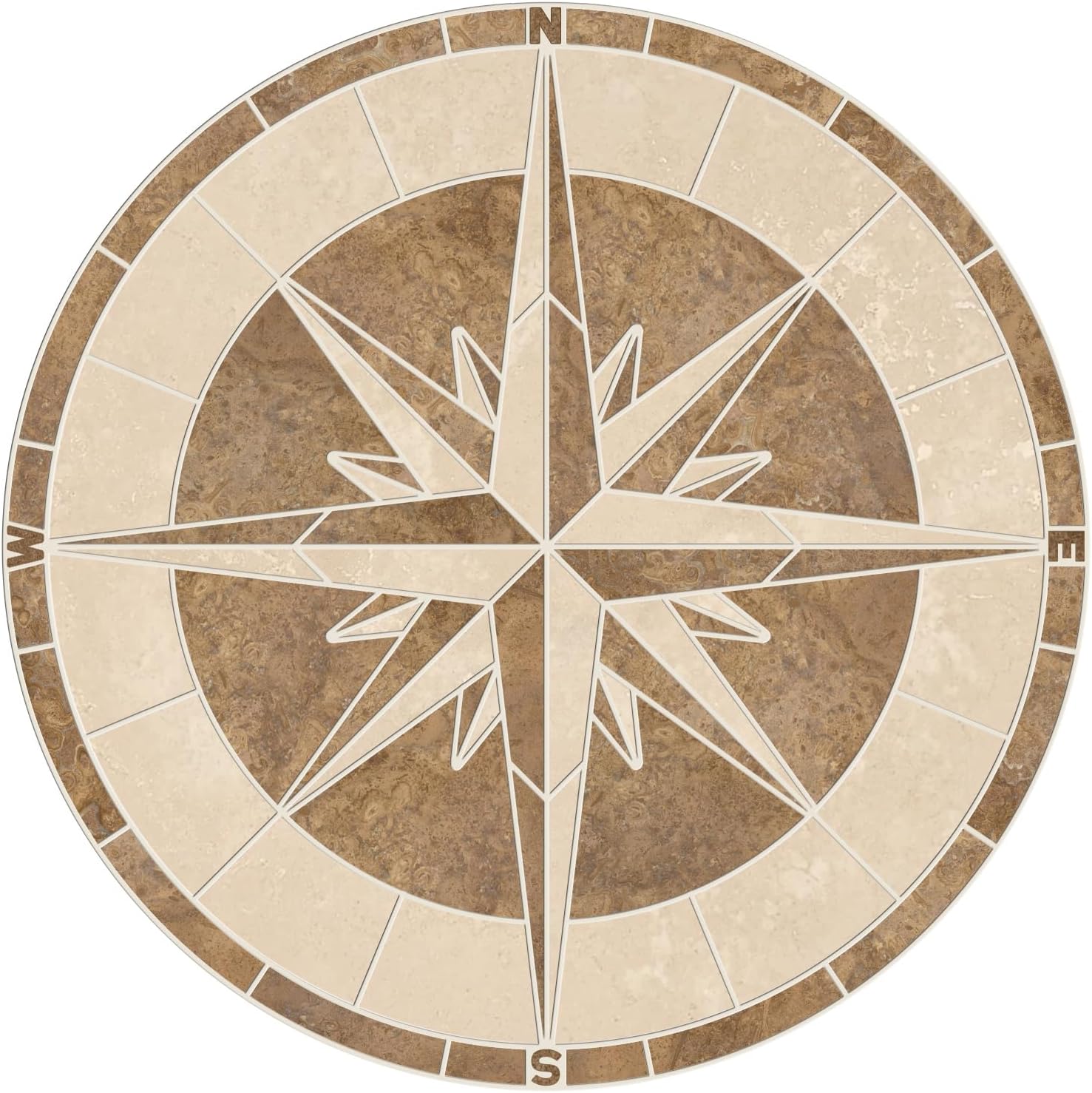 Tile Mosaic Medallion Natural Travertine Stone Captain's Compass Round, Brown & Beige, Many Sizes, USA Made, Mesh Mounted, 3/8" or 1/2" Thick