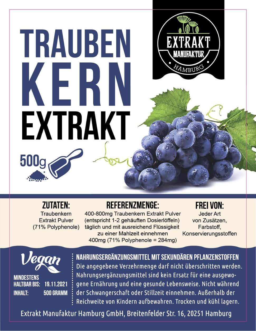 Estratto di semi d'uva OPC, polvere da 500 g, senza additivi, estratto di semi d'uva, estratto di semi d'uva in polvere, ad alto dosaggio naturale, vegano (polvere 500 g)