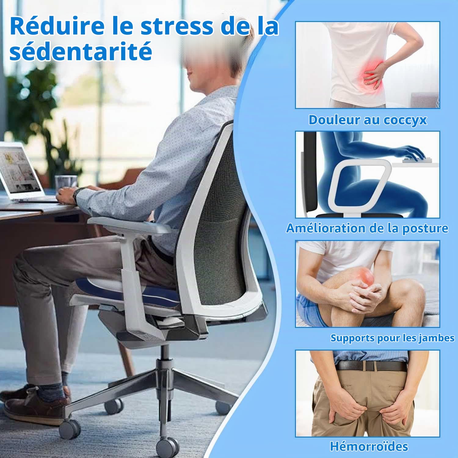 Coussin Coccyx Orthopédique, Coussin Chaise Bureau, Coussin Hemorroide, Coussin Chaise en Mousse à Mémoire, Coussin Ergonomique Douleur Coccyx et Soulagement de La Sciatique