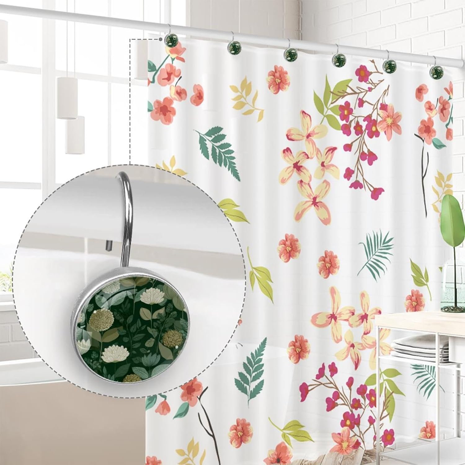 Sage Green Flowers (3) Round Crystal Glass Decorative Shower Curtain Hooks with 3D Pattern Visual, Rust Proof Shower Curtain Rings-12 Pack
