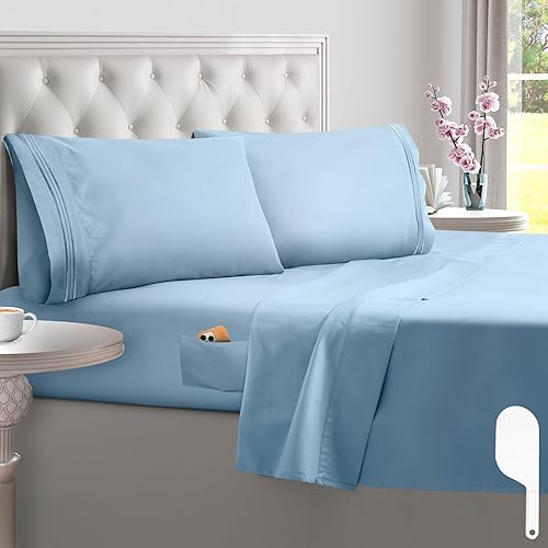 Dreamy Dreams Juego de sábanas de tamaño King, sábanas de microfibra suave de 4 piezas, sábanas de bolsillo profundo de 21 pulgadas con correas en