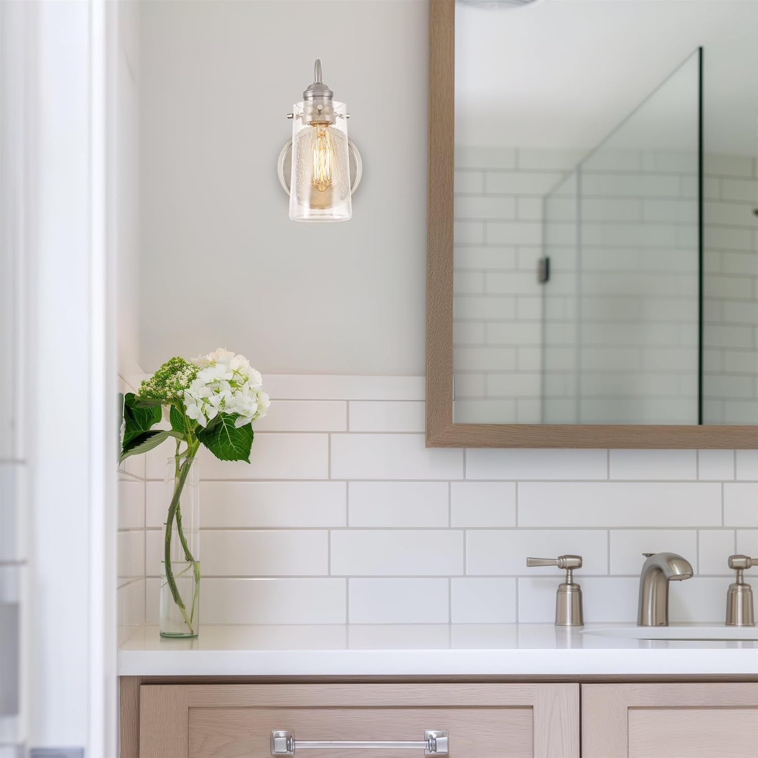 Kira Home Rayne 10" Modern Farmhouse Wall Sconce, Gooseneck Bathroom Light, Seeded Glass Shade + Brushed Nickel Finish