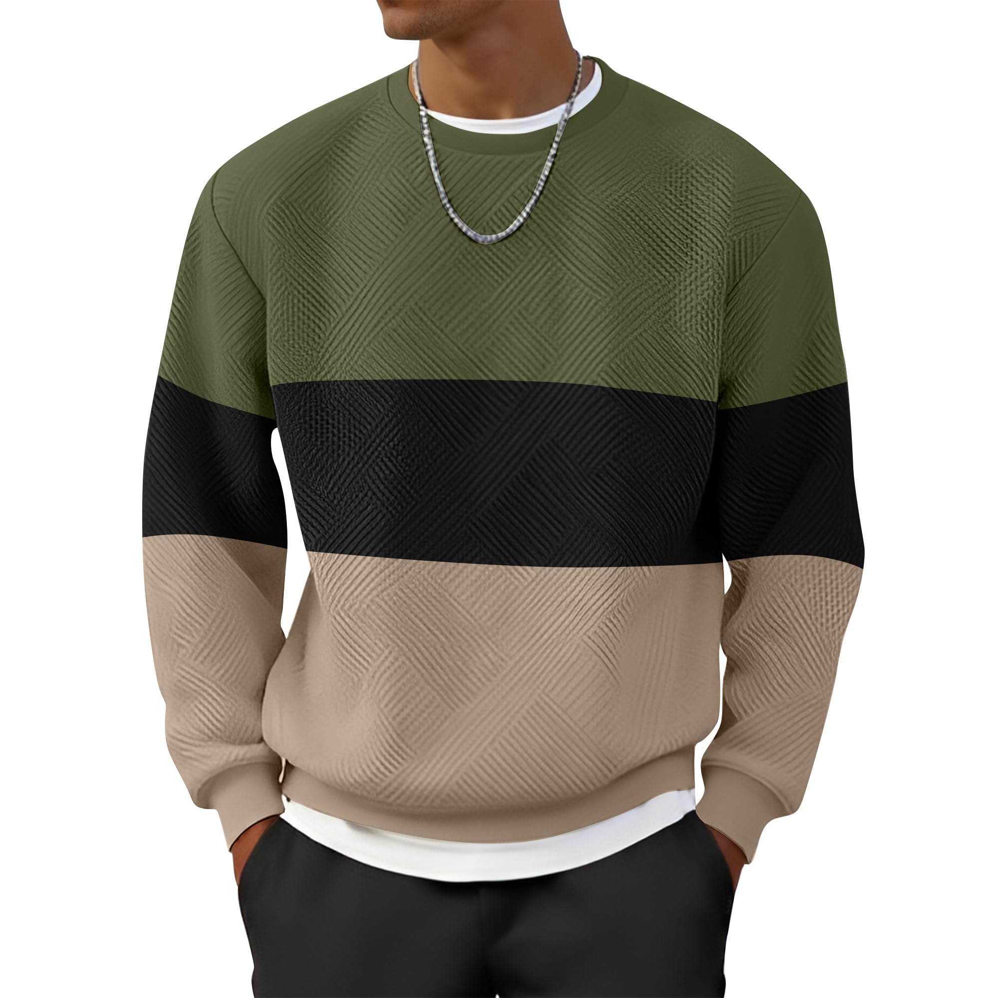 Men's Crewneck Sweatshirt Jacquard Texture Pullover Casual Long Sleeve Shirt for Fall Winter