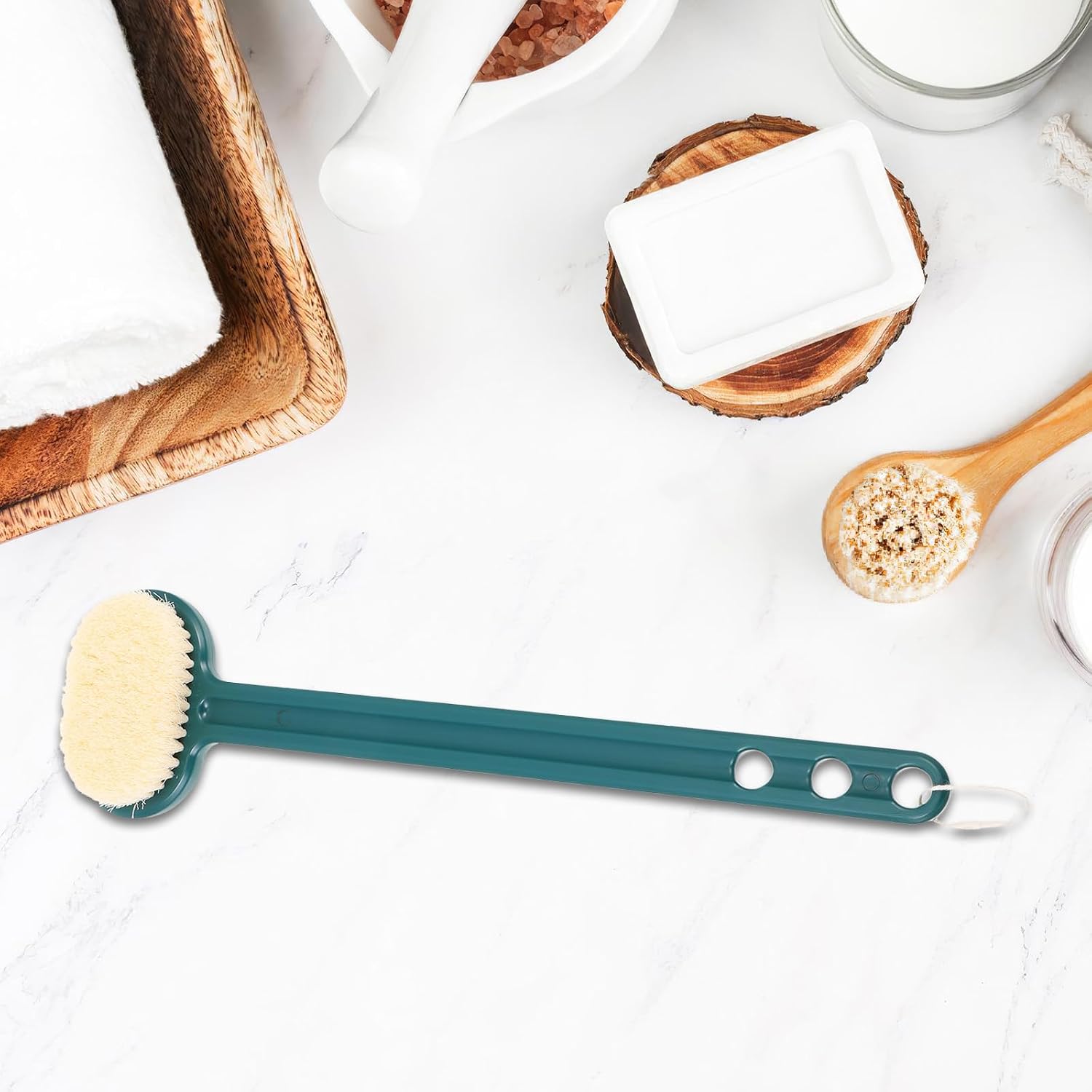 Mikikit Bathing Body Brush Long Handle Soft Bristle Body Scrubber Exfoliating Skin Massage Tool Back Cleaning Brush for Shower and Bath Use