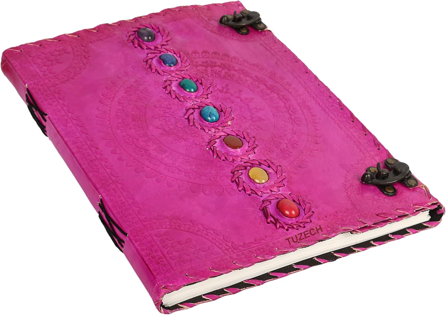 TUZECH Seven Chakra Medieval Stone Embossed Handmade Jumbo Leather Journal Book of Shadows Notebook Office Diary College Poetry Sketch With Leather Bound (Pink, 13 Inches)