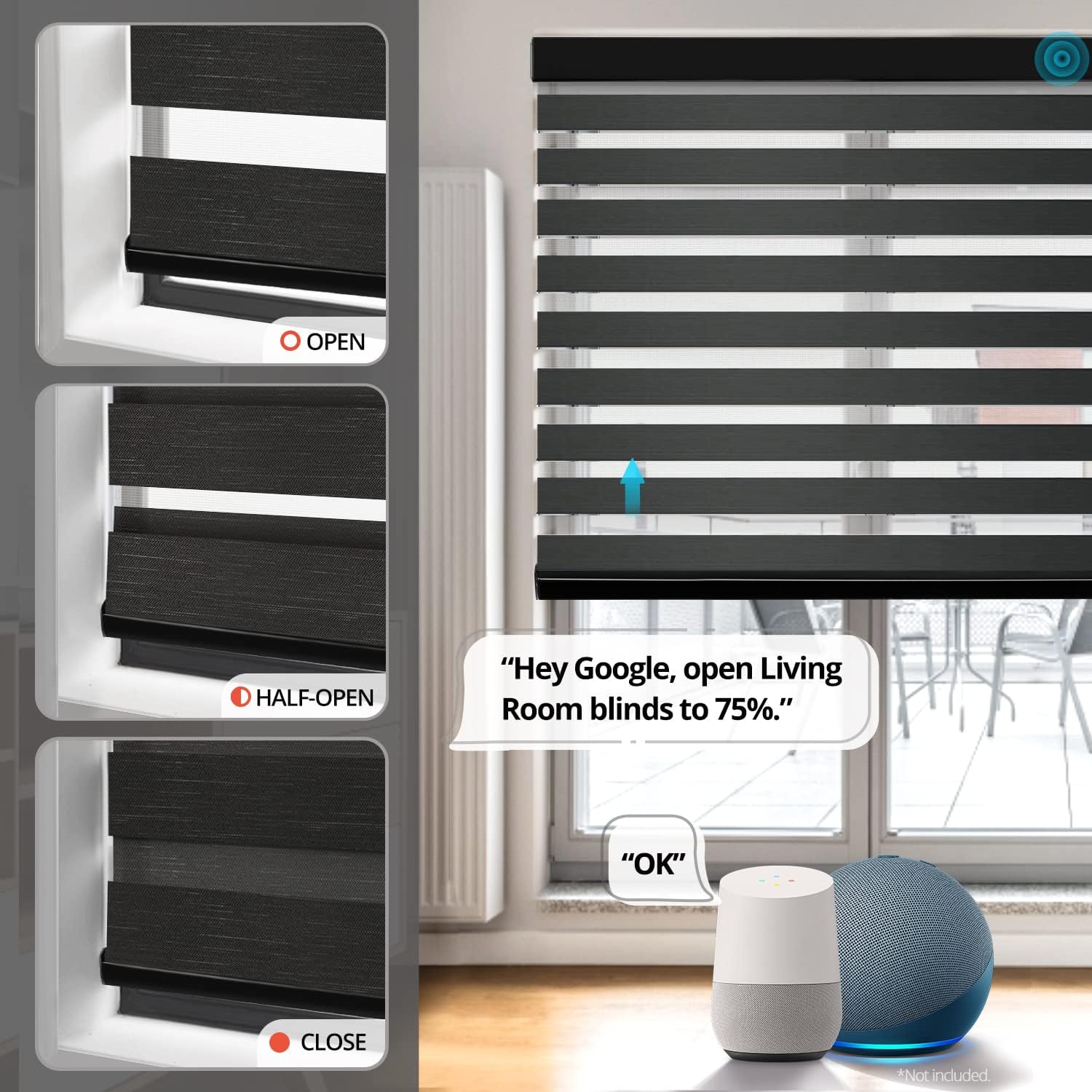 GOSMART Motorized Zebra Blinds Dual-Layer Smart Roller Shades with Remote Control, Light Filtering, Works with Smart Home Alexa, Google Assistant, Custom Cut to Size, Black, 21-96″ W x 21-104″ H