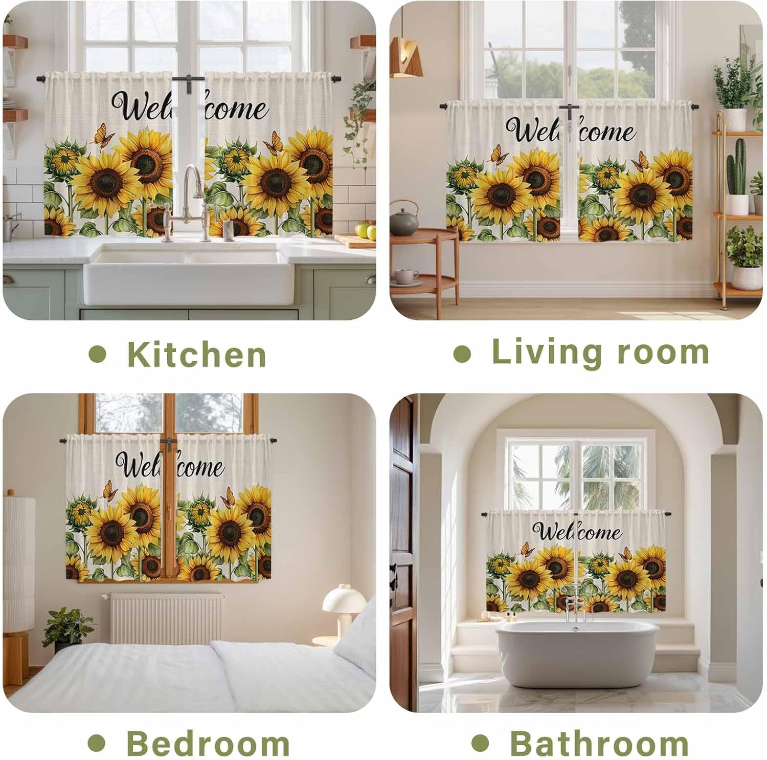 Sunflower Kitchen Curtains, Summer Botanical Floral Rustic Welcome Light Filtering Window Curtain Panels, 2Pcs Rod Pocket Window Treatments Set for Study Room Bathroom Bedroom 52x54 Inches