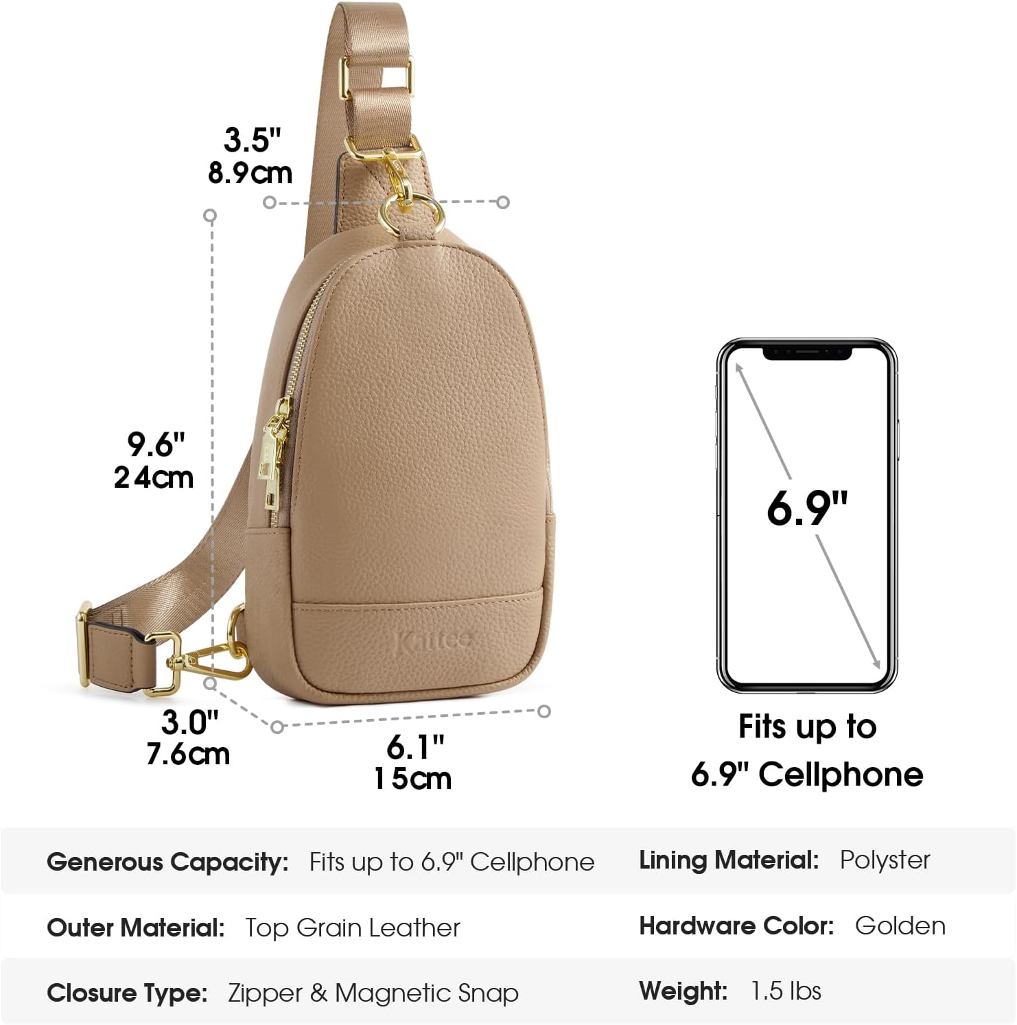 Kattee Leather Sling Bag for Women, Womens Leather Fanny Crossbody Purse for Travel，Small Sling Bag with RFID Blocking | Small, with RFID Blocking
