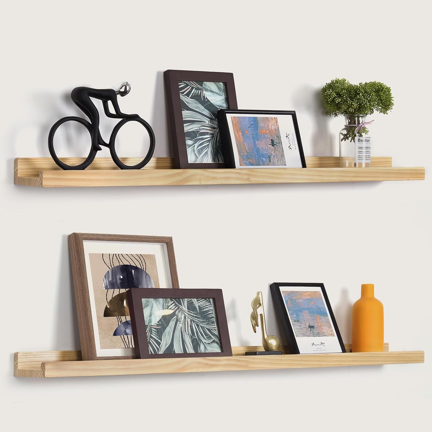 Picture Ledge Shelf for Wall, Floating Shelf with Lip, Wooden Long Floating Shelves for Decor, Solid Wood Wall Shelves for Living Room, Bedroom, 36 Inch Set of 2 Varnish Natural Wood 36 Inch