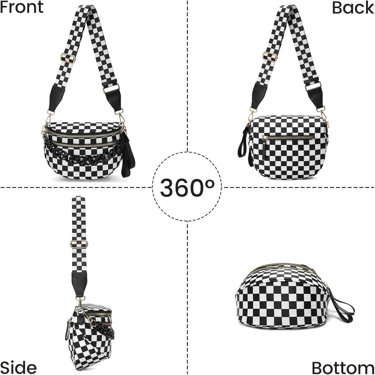 Crossbody Bags for Women Chain Bum Handbag, Checkered Strap Roomy Versatile Mom-Friendly Bag with Multiple Pockets - Image 5