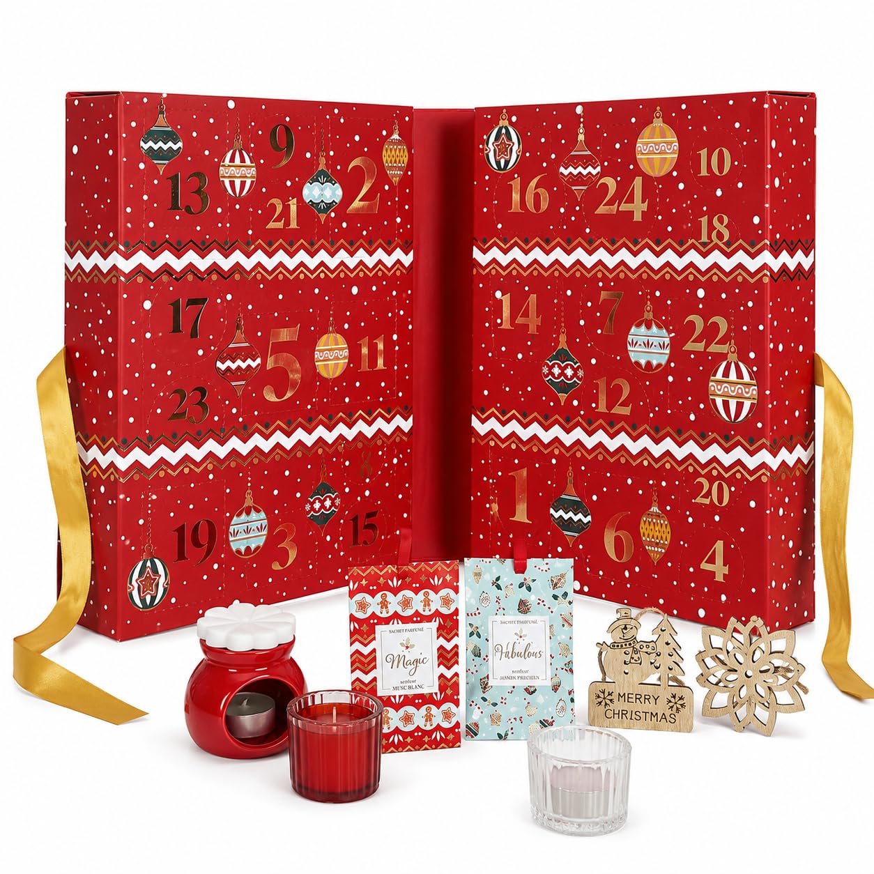 Großer Weihnachts-Adventskalender mit 24 Überraschungen – Kerzen und Weihnachtsdekoration – Adventskalender für Erwachsene – Für Frauen und Männer – 34 x 25 x 14 cm – Rot