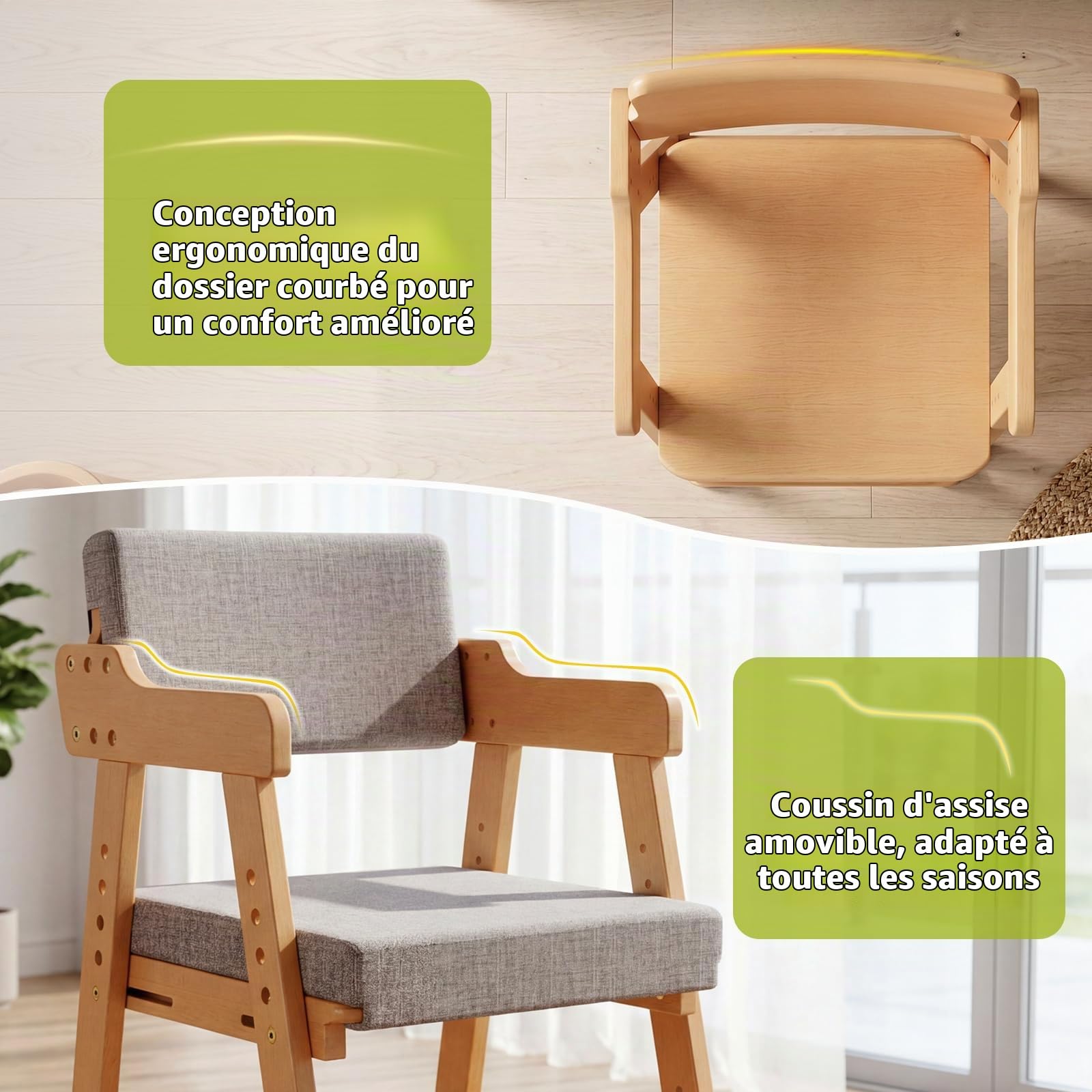MAMIZO Chaise Enfant en Bois de Hêtre avec Coussin Confortable, Support 120 kg, Chaise Bureau Enfant pour Enfants dès 3 Ans et Plus, Idéale Salle à Manger, Chambre, Salon, Couleur Bois Naturel