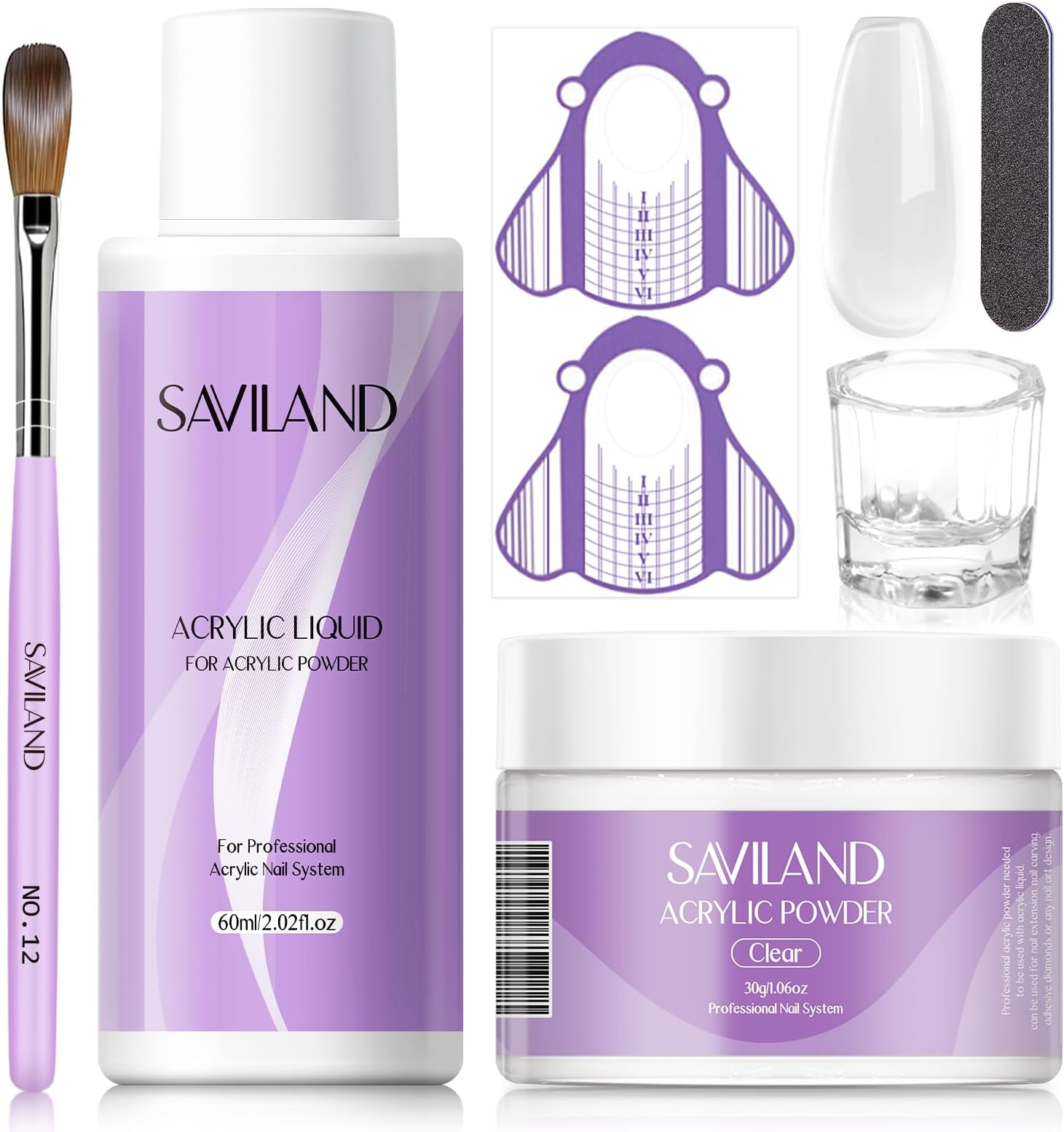 Saviland Acrylic Nail Set - 30g Clear Acrylic Powder and 60ml Acrylic Liquid Set with Acrylic Nail Brush Nail Shapes Tools Set Extension Nail Set for Beginners with Everything for Home DIY Salon