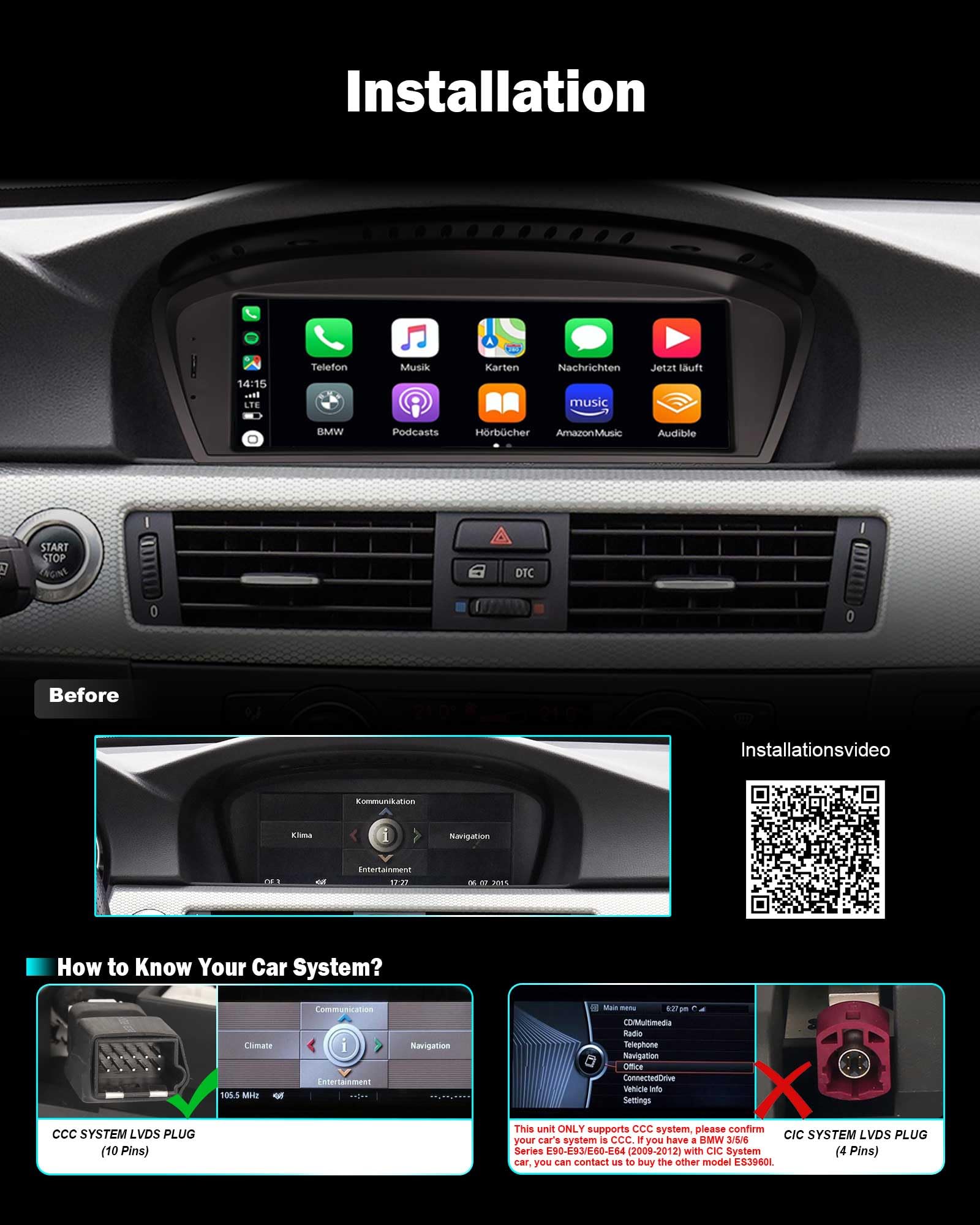 Android 16 Autoradio Carplay pour BMW Séries 3/5/6 E90 E91 E92 E60 E61 E64 | 8,8" Qualcomm CPU Android Auto Écran tactile IPS SWC WiFi DSP Bluetooth 5.1 Stéréo GPS Navigateur système CCC