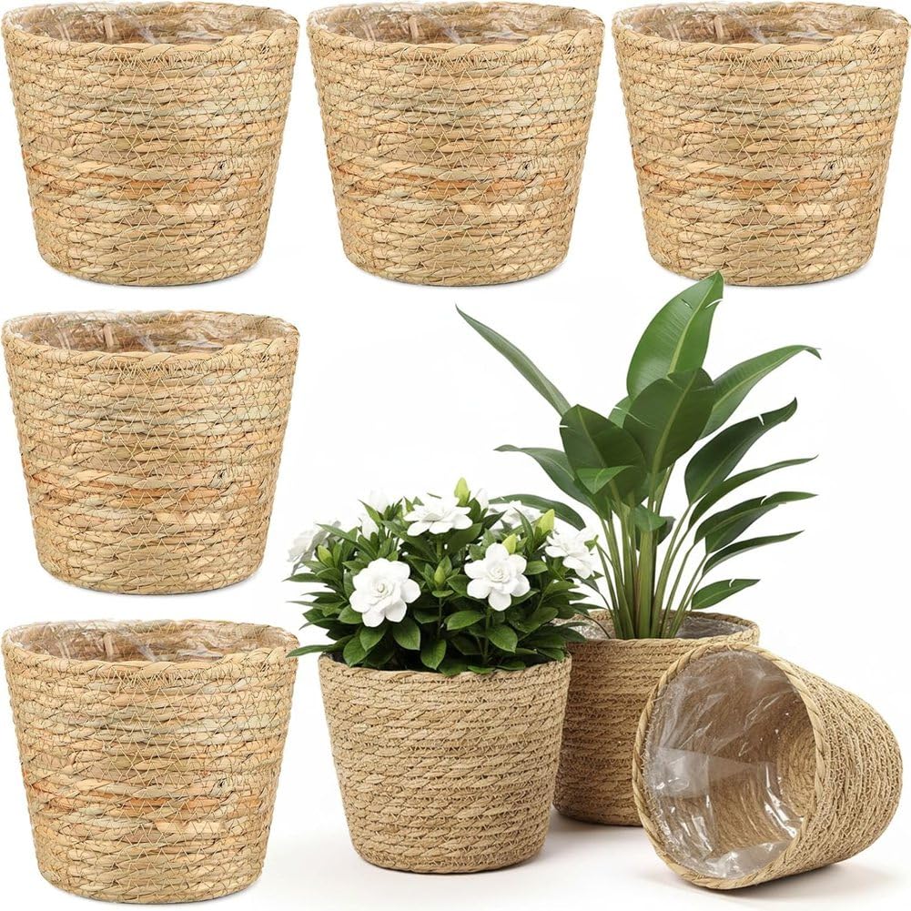 UDSKNV[KSL Woven Seagrass Plant Basket 6 Pcs with Plastic Liners Bulk for Flower Pot Covers and Room Decor Planter