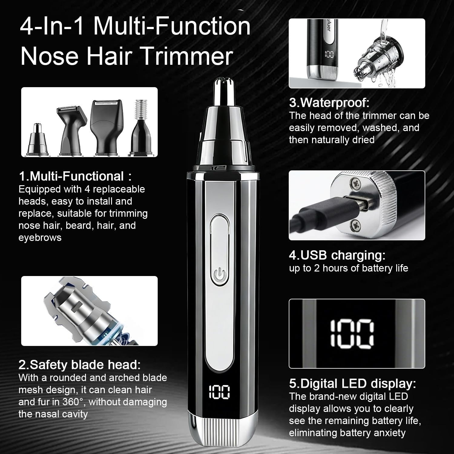 Recortadora de pelo para cejas y nariz para hombres y mujeres: 8500 RPM, carga USB, lavable, indicador LED