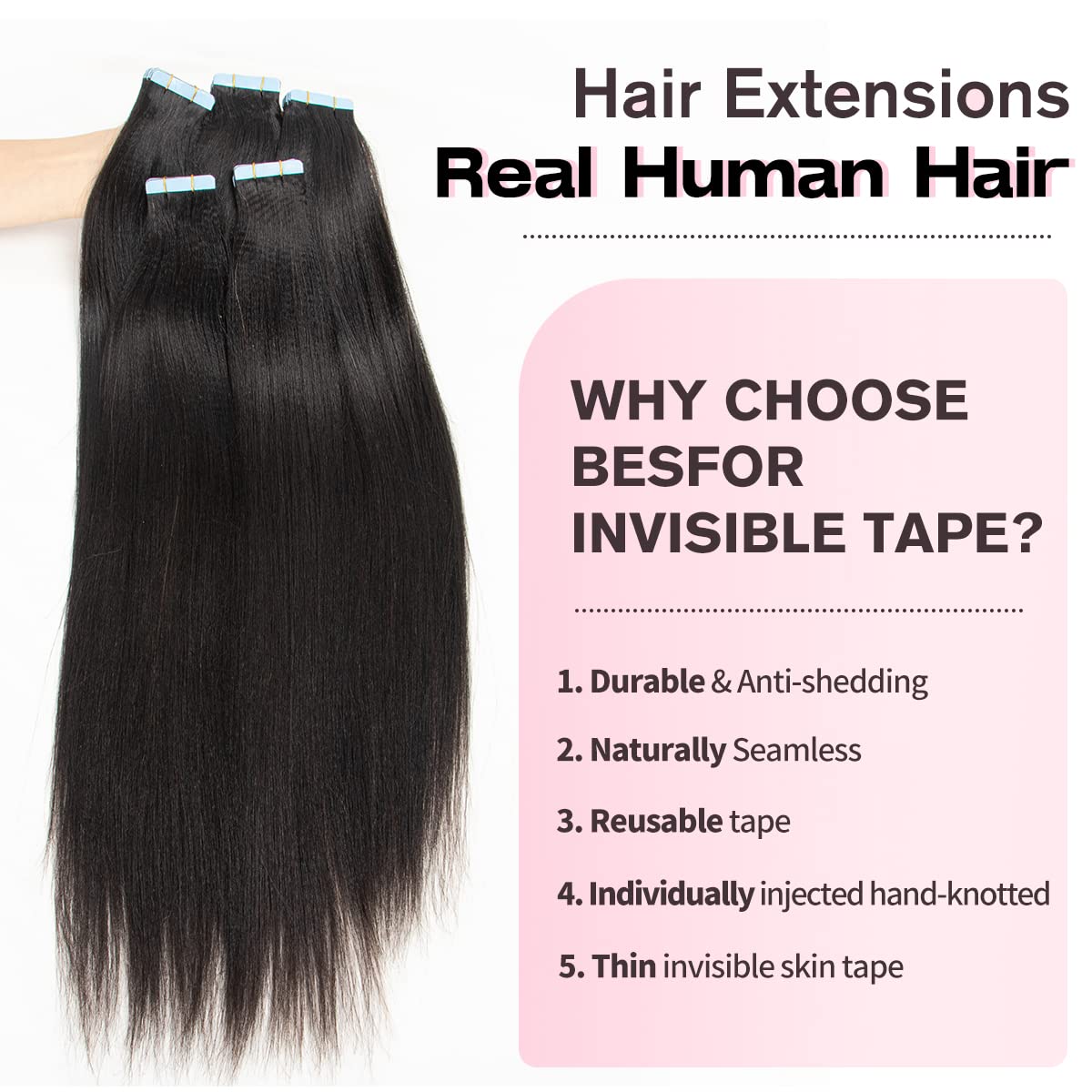 20Inch Tape In Extensions Human Hair for Black Women Yaki Straight Tape In Human Hair Extensions for Women Natural Black Invisible Remy Hair Extensions 20pcs 50g - Image 4