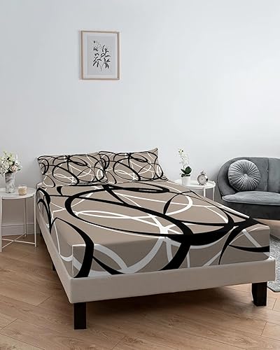 Miniatura 6 de Bedding Sábanas bajeras de tamaño Queen para colchón de bolsillo profundo de 5 a 16 pulgadas, rayas abstractas negro blanco sobre gris, sábana
