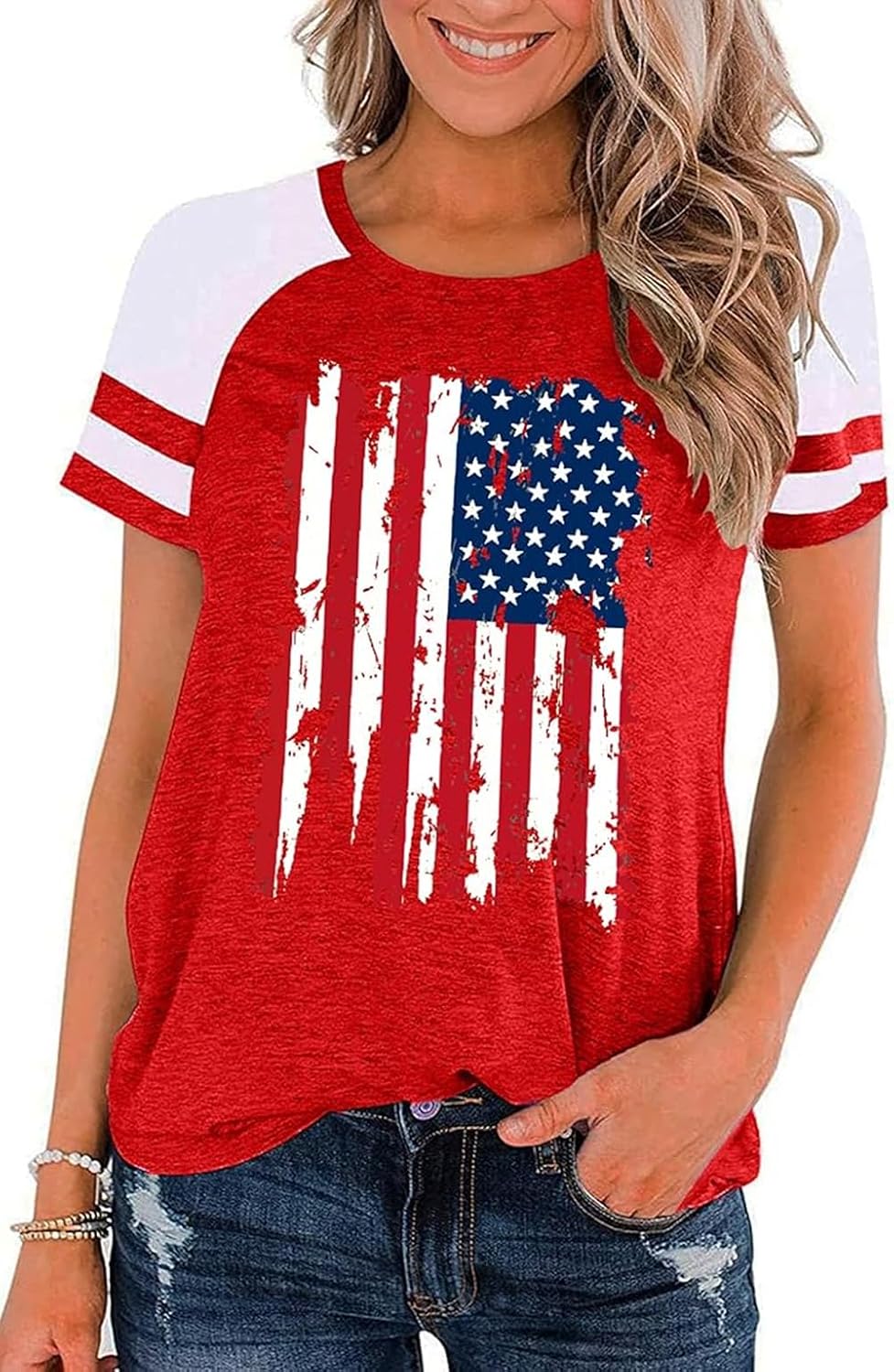 Barlver Womens American Flag Shirt Short Sleeve 4th of July Flag Top Loose Patriotic Independence Day T-Shirts S-XXL