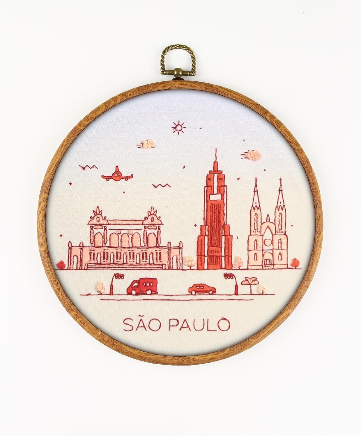 Sao Paulo Brazil EM114 - DIY Embroidery Kit. Set of Threads, Needles, Stamped Cloth, Needle Threader, Embroidery Clippers and Printed Color Pattern Inside.