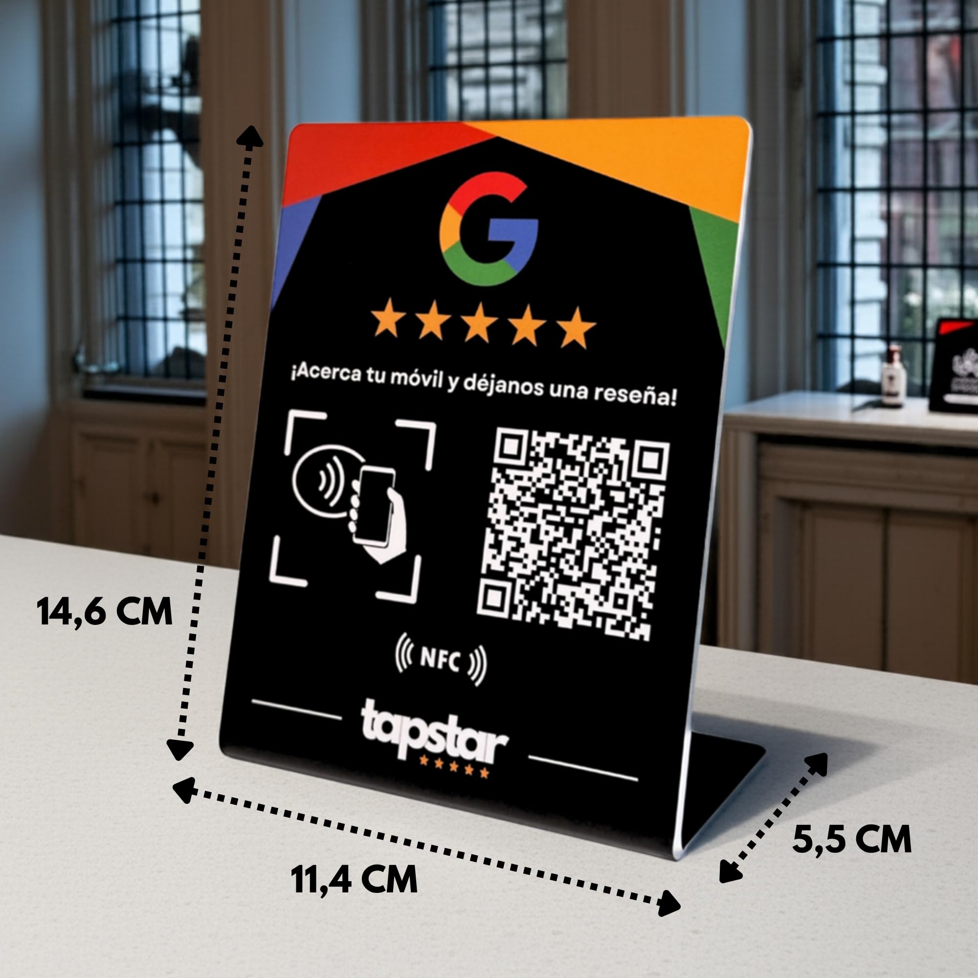 TAPSTAR Soporte Reseñas Google NFC y QR - Expositor Stand Reviews Google - Cartel NFC QR Opiniones Google - Compatible con Android & iPhone - Configuración Fácil con Web App - Sin Suscripciones