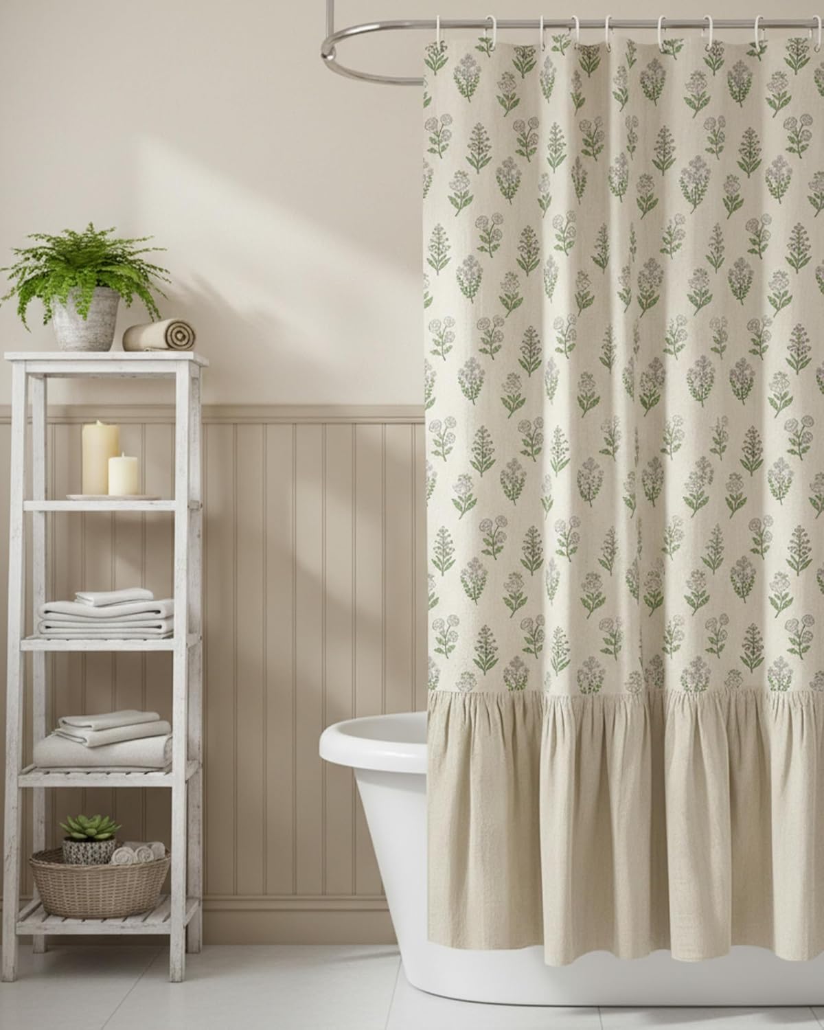 Linen Floral Shower Curtain - Vintage Ruffle Shower Curtain Set with Hooks, Cottagecore Curtains Farmhouse Shower Curtain, 72x72 Inches