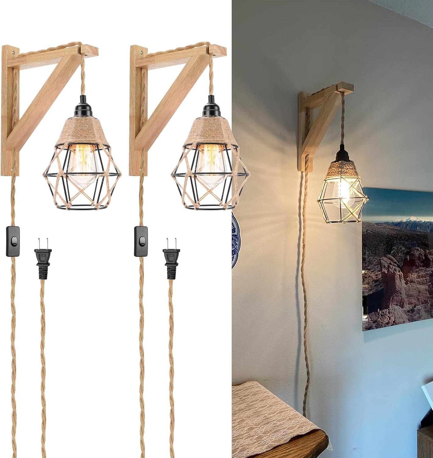 Frideko Wood Wall Sconces Set of Two Plug in, Rustic Wall Lamp with Plug in Cord, Farmhouse Wall Light Fixtures with 8.21FT On/Off Switch Cord, Indoor Sconces Wall Lighting for Bedroom Living Room