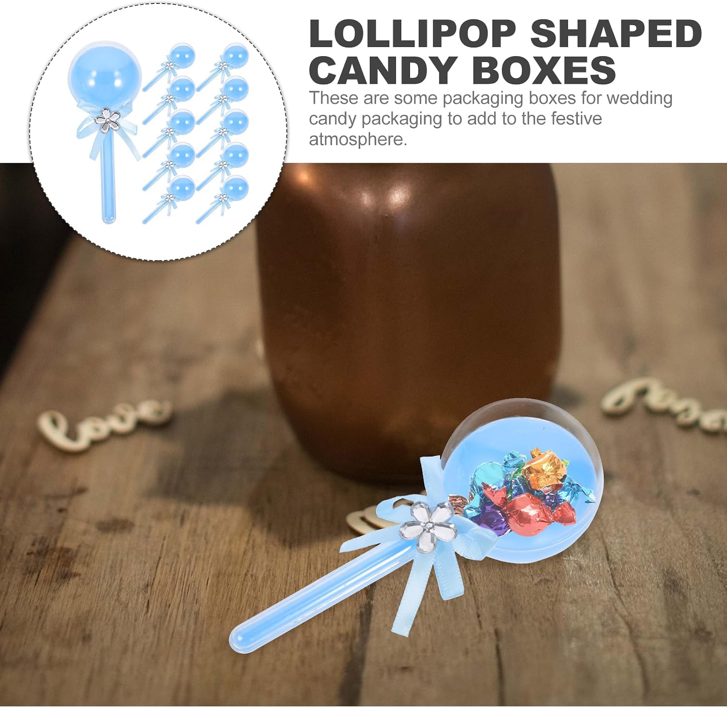 BESTonZON 12PCS Baby Rattle Candy Container - Fillable Baby Shower Party Favors with Bow Crystal - Lollipop Shaped Plastic Candy Bottle for Baby Shower Party (5.50X2.36X2.36in), Blue