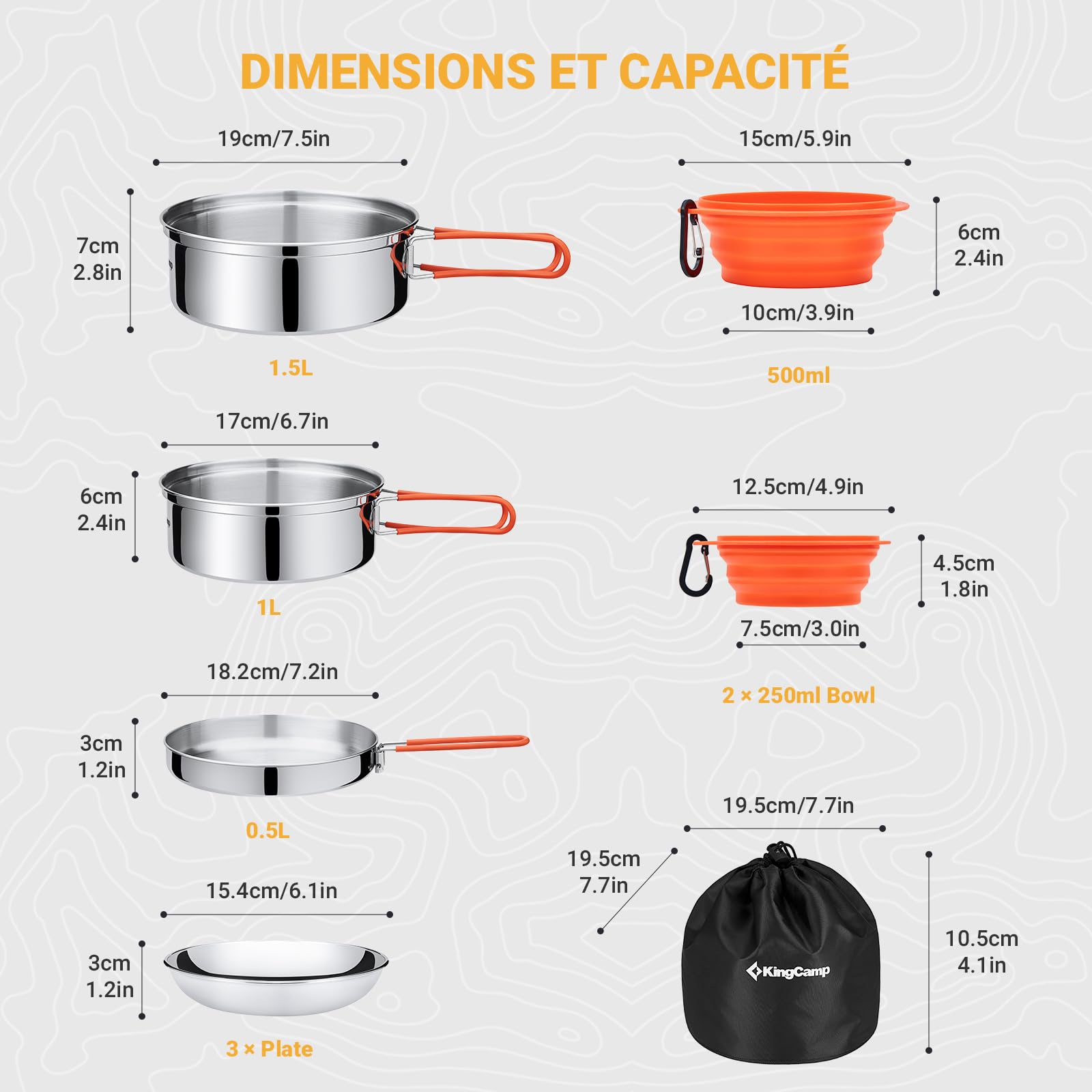 KingCamp Set de Cuisine de Camping, ustensiles de Camping ultralégers en INOX, Vaisselle Pliante pour Le Camping, idéale pour la randonnée, Les Pique-niques et la pêche