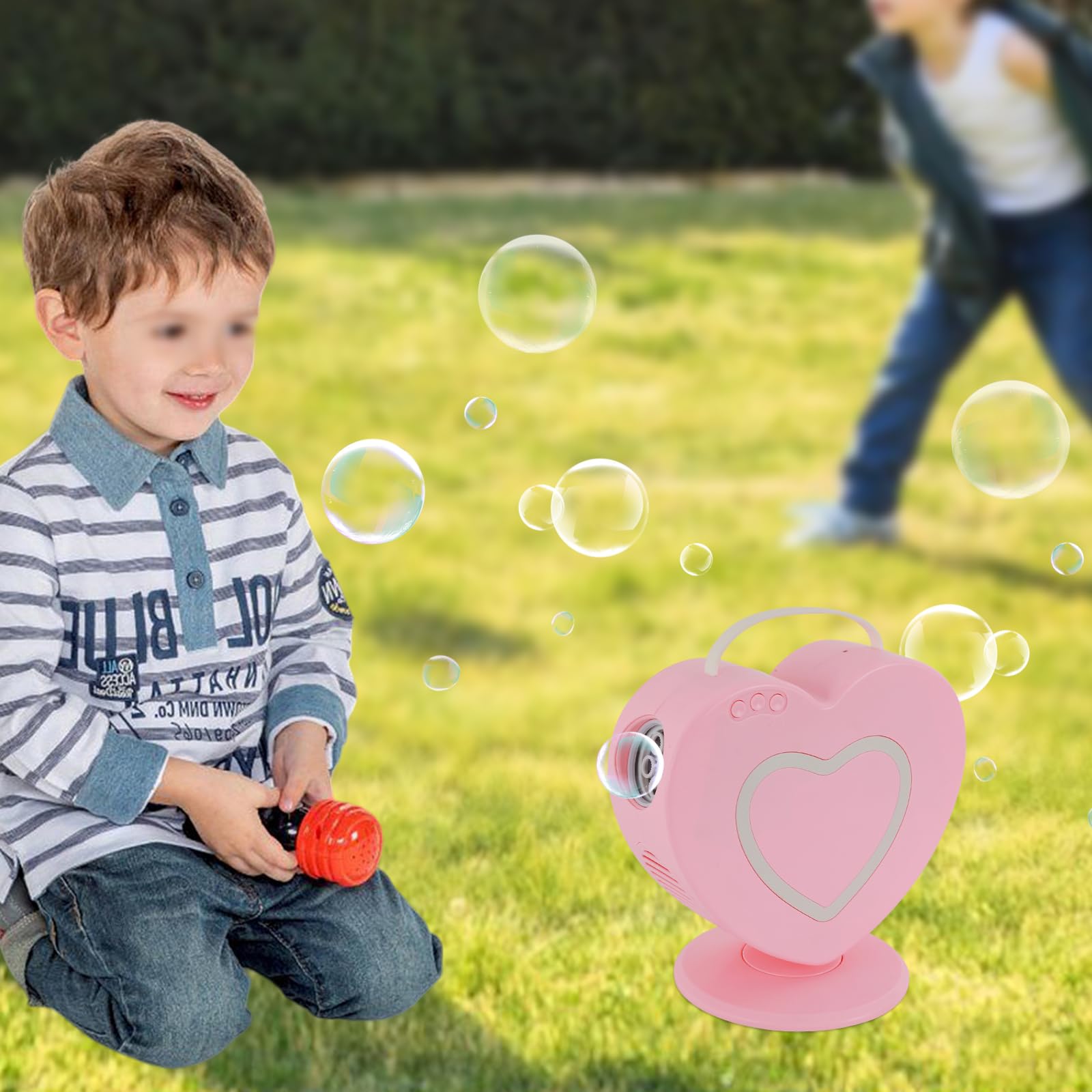 Seifenblasenmaschine in Herzform, automatische Seifenblasenmaschine, Seifenblasenmaschine mit 360° Drehung für Kinder (Pink)