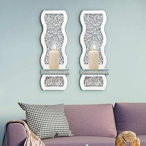 Miniatura 6 de Crystal Crush - Juego de 2 candelabros con espejo de diamante, juego de 2 candelabros de pared plateados, decoración de pared para sala de estar,