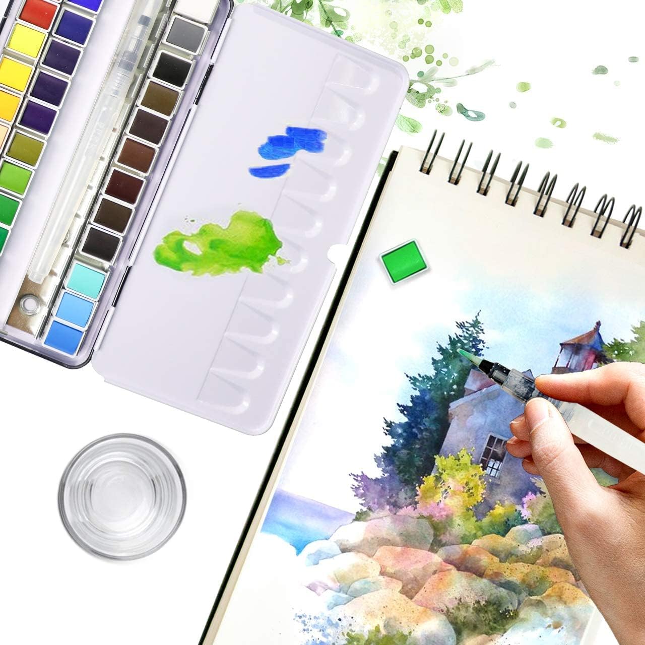 36 Colors Solid Watercolor Paint Set with Refillable Water Brush, Artist-Grade Half Pans in Tin Box - Professional Watercolor Kit for Artists, Adults, Beginners and Painting lovers