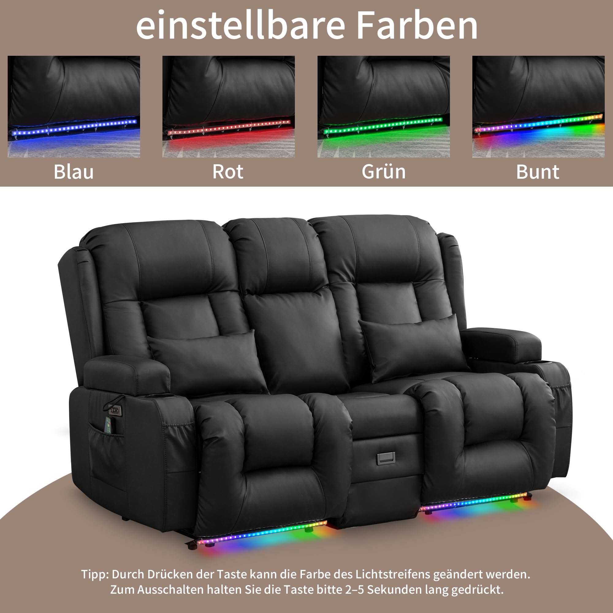 Elektrisch Relaxsessel mit Liegefunktion, Zweisitzer Fernsehsessel mit Konsole TV Sessel Heimkino mit Heizung & Vibrierende Massage/USB & Type C/Getränkehalter/Kunstleder (Schwarz)