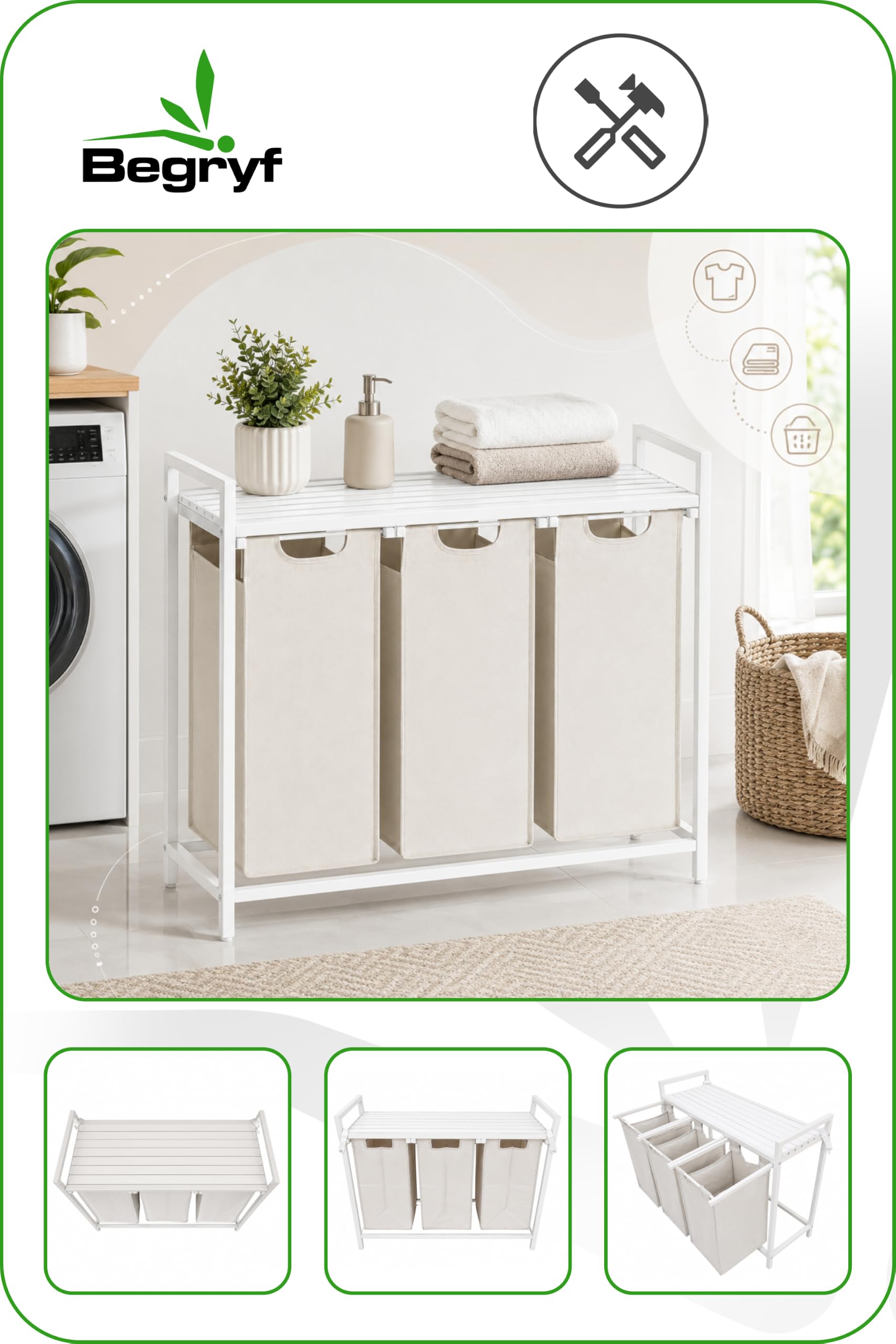 Wäschesammler 3 Fächer 114 L, Wäschekorb mit Ablage, 3 x 38 L, Sortierkorb aus Stoff, MDF und Metall, Weiß mit beigen Fächern, 92,5 x 33 x 71 cm
