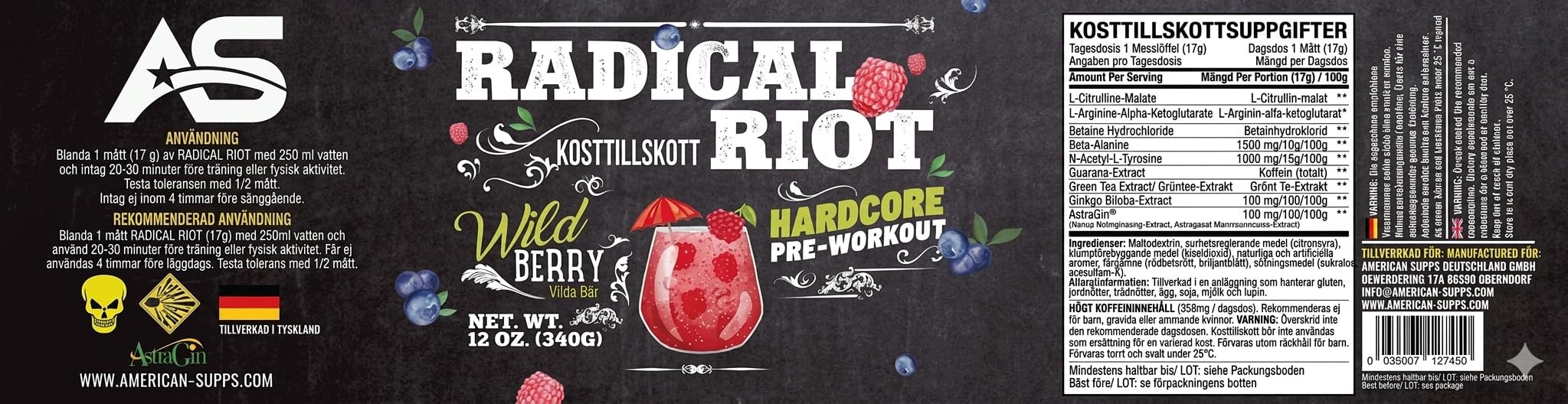 PREMIUM Pre Workout Booster [340g] - Wilde Beeren - 300 mg Koffein + Beta Alanin + L Citrullin Malat
