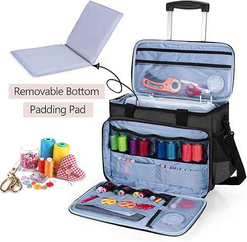 Miniatura 25 de LUXJA Estuche para máquina de coser con plataforma desmontable y almohadilla inferior extraíble, bolsa rodante que se adapta a la mayoría de Morado