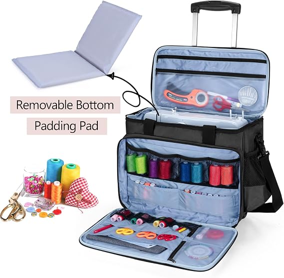 LUXJA Sewing Machine Case with Detachable Dolly&Removable Bottom Pad, Black