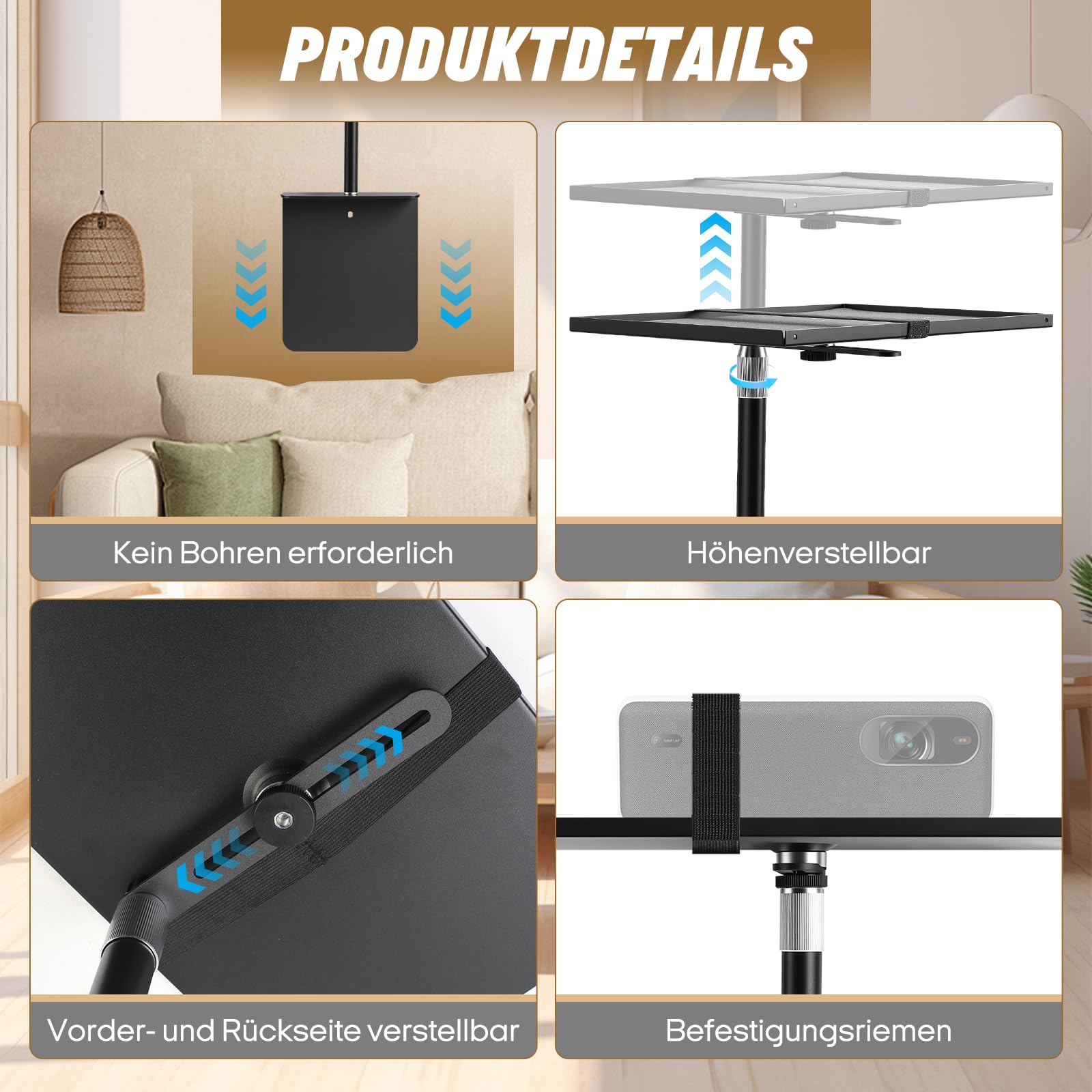 Projektorhalterung für Bett und Sofa, Verstellbare Ständerlänge 24-41cm, Verstecktes Design Bed Sofa Beamer Halterung, Kompatibel mit 99% Projektoren XGI-MI Nebu-la Van-KYO Ep-Son (24-41cm)