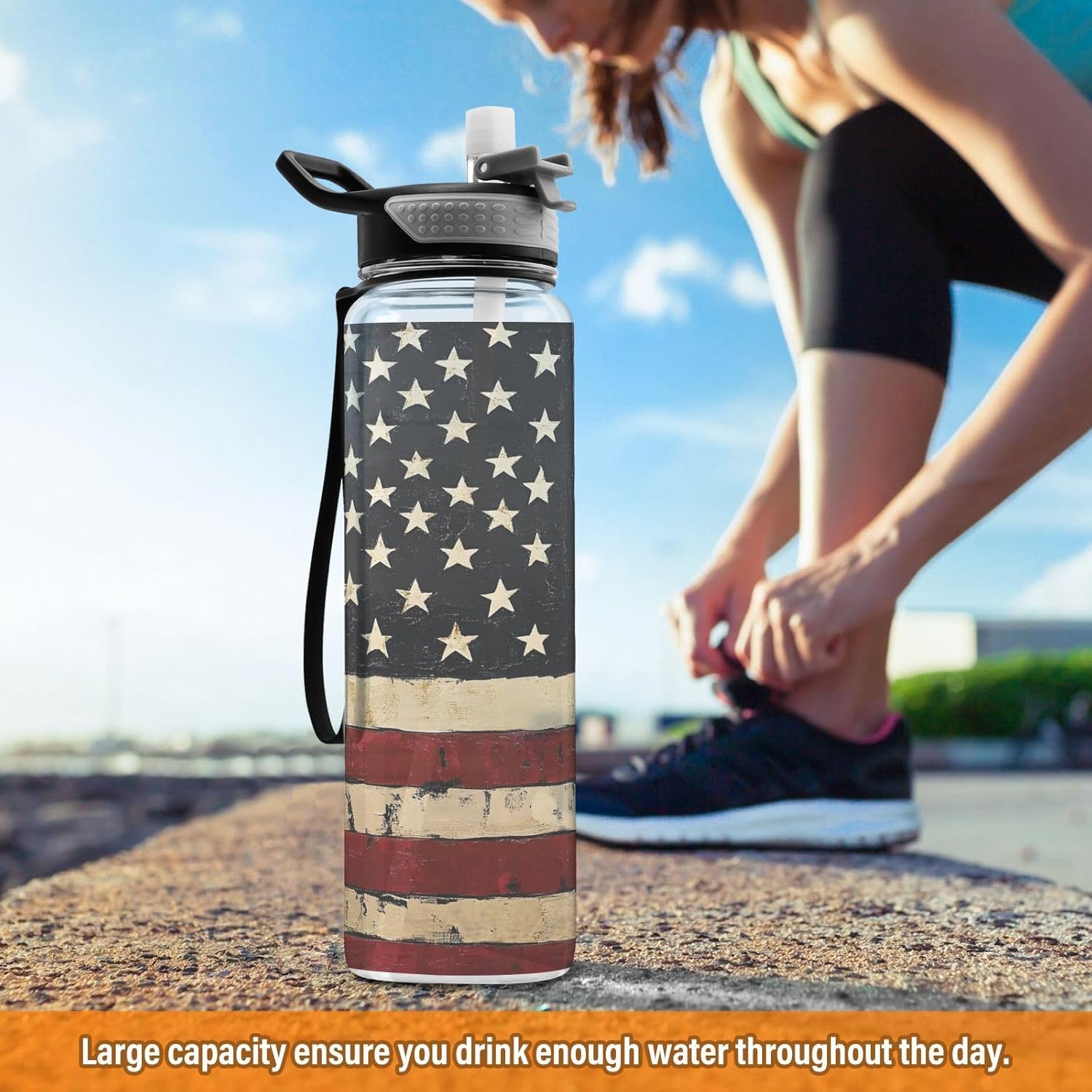 ALAZA American Flag Water Bottle with Straw,Leakproof Tritan Clear Sports Water Bottle USA Flag Patriotic Kids Water Bottle for School Outdoor Sports Drinking,32 oz