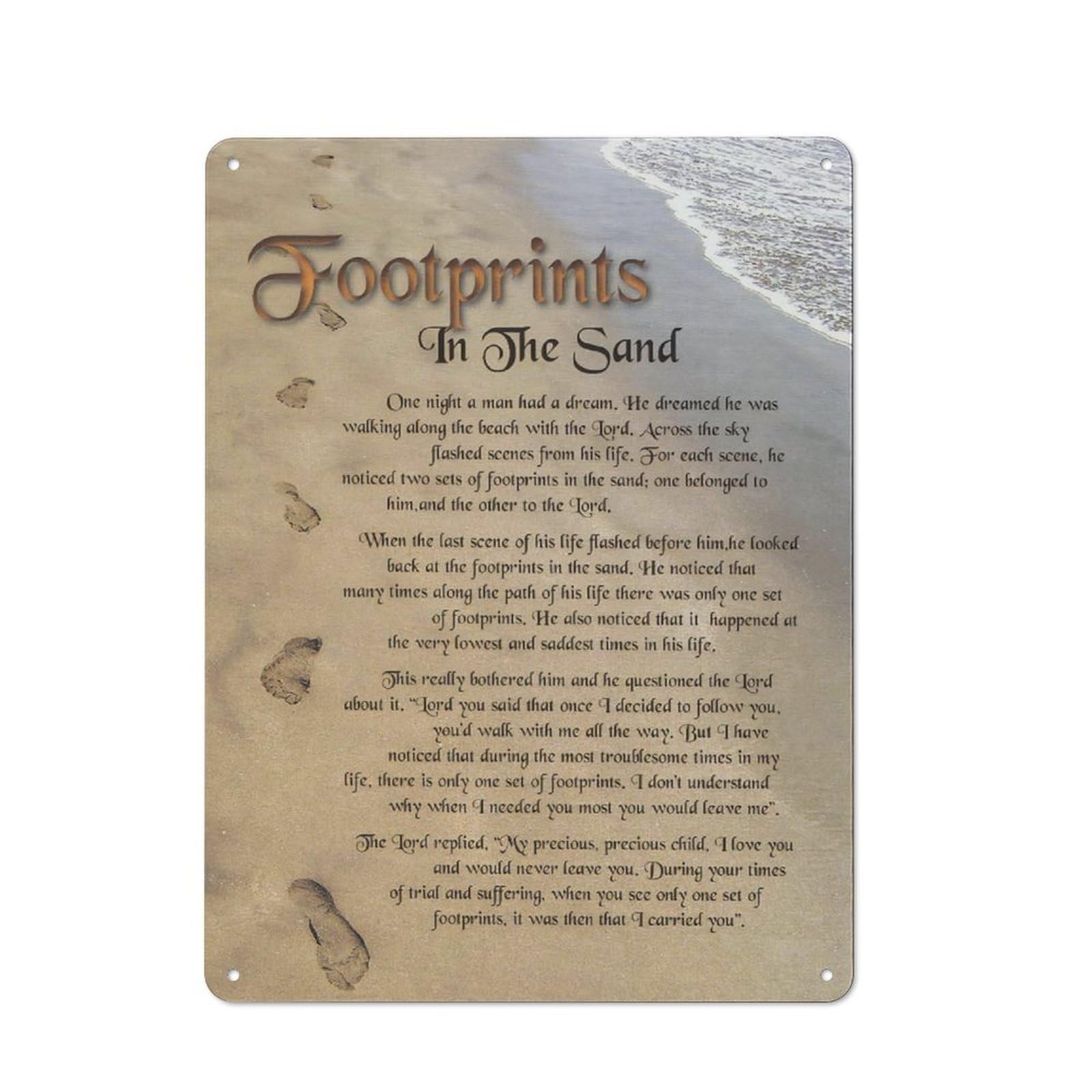Rustic Metal Tin Sign Footprints In The Sand Wall Art, Religious Footsteps Poem Prints For Christian Home Decor, Inspirational Religious Artwork, Motivational Quotes Wall Art Living Room 12x16 Inch