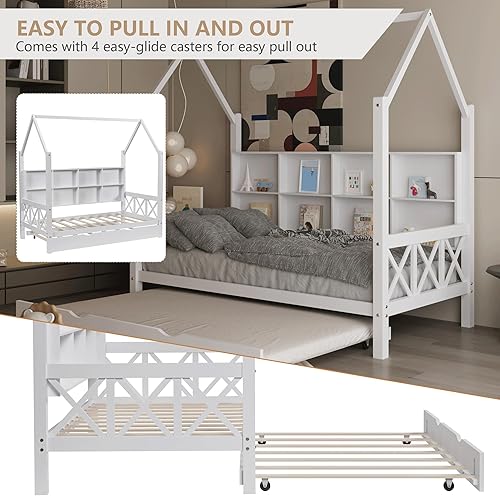 Miniatura 10 de Cama individual con cama nido y techo para niños, marco de cama de madera tamaño individual con estantes de almacenamiento, barandillas de madera,