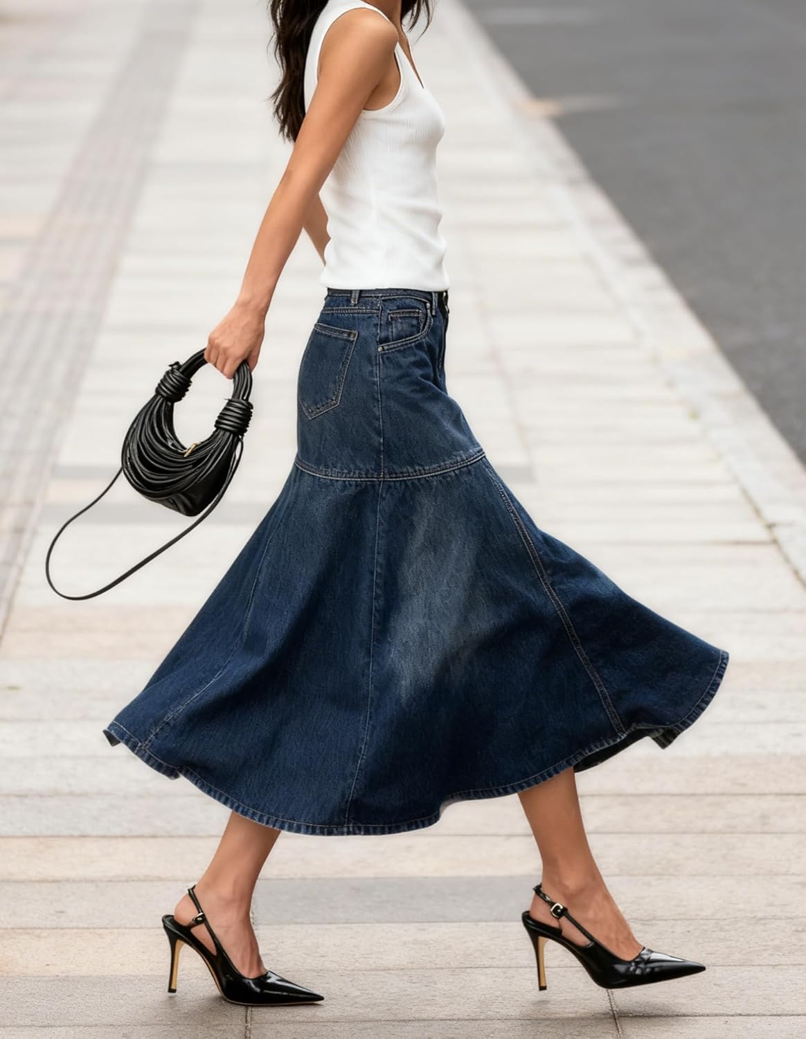 chouyatou Women's Elegant A-Line Pleated Jean Skirt Western Distressed Midi Long Fishtail Denim Skirt