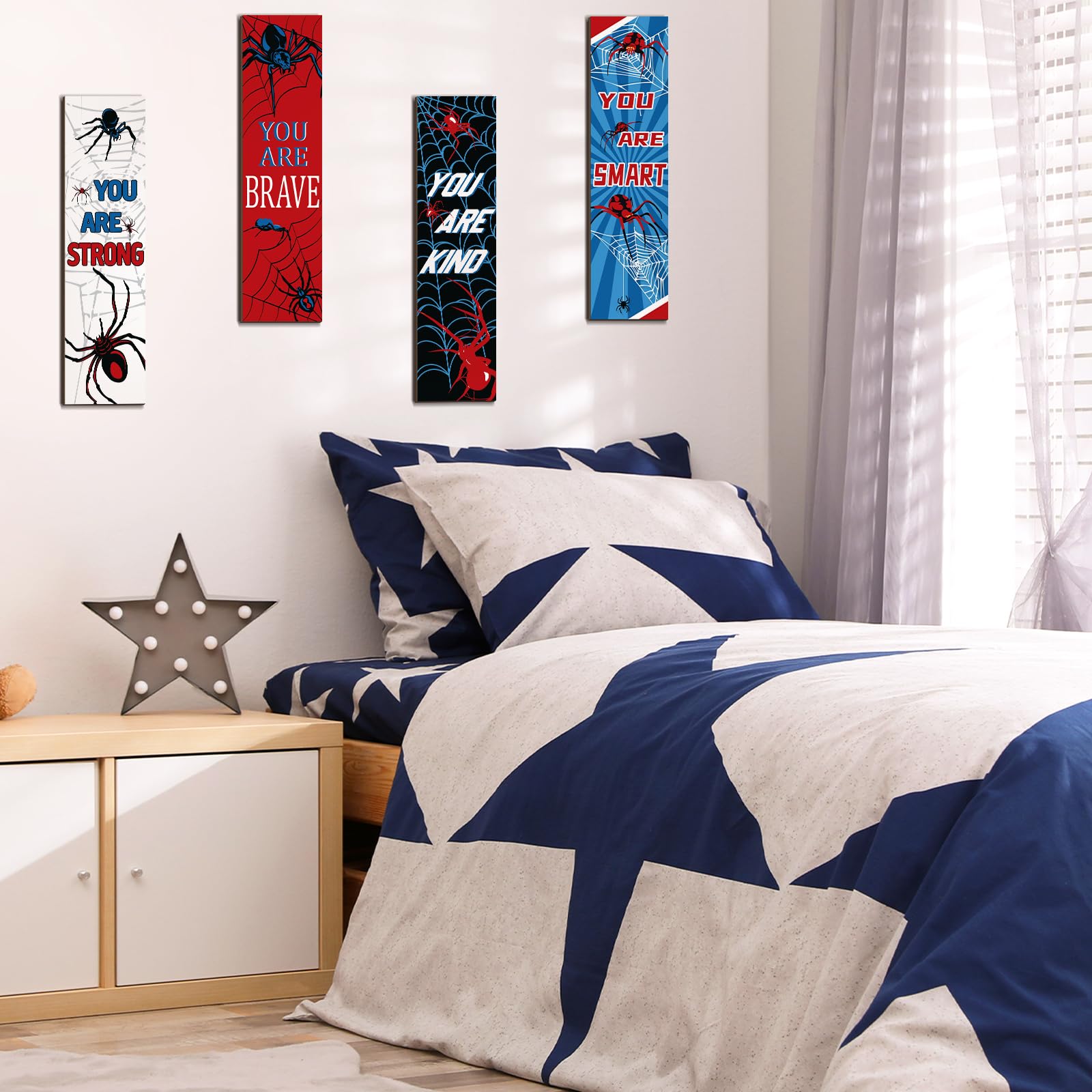 Atiloy Spider Wall Decor Set – 4 Wooden Inspirational Signs For Boys' Room, Game Room, Or Halloween (11.8" X 3.15")
