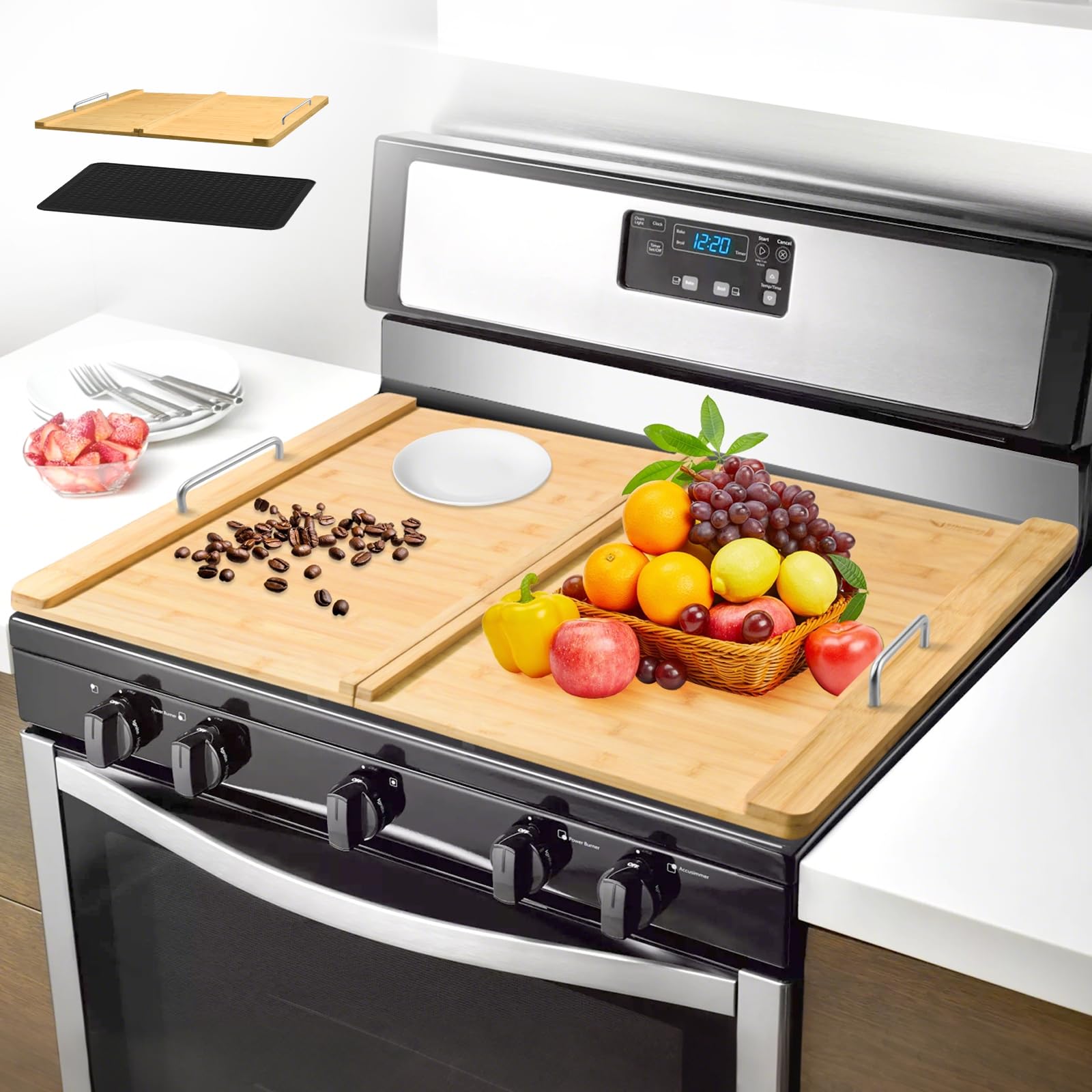 Stove Top Covers with Silicone Mat for Electric Stove,Stove Top Covers for Gas Burners,Folding Noodle Board Stove Cover,RV Stove Top Cover,Over Sink Cutting Board(29.5×22)(Mat 28×20) Set-Bamboo