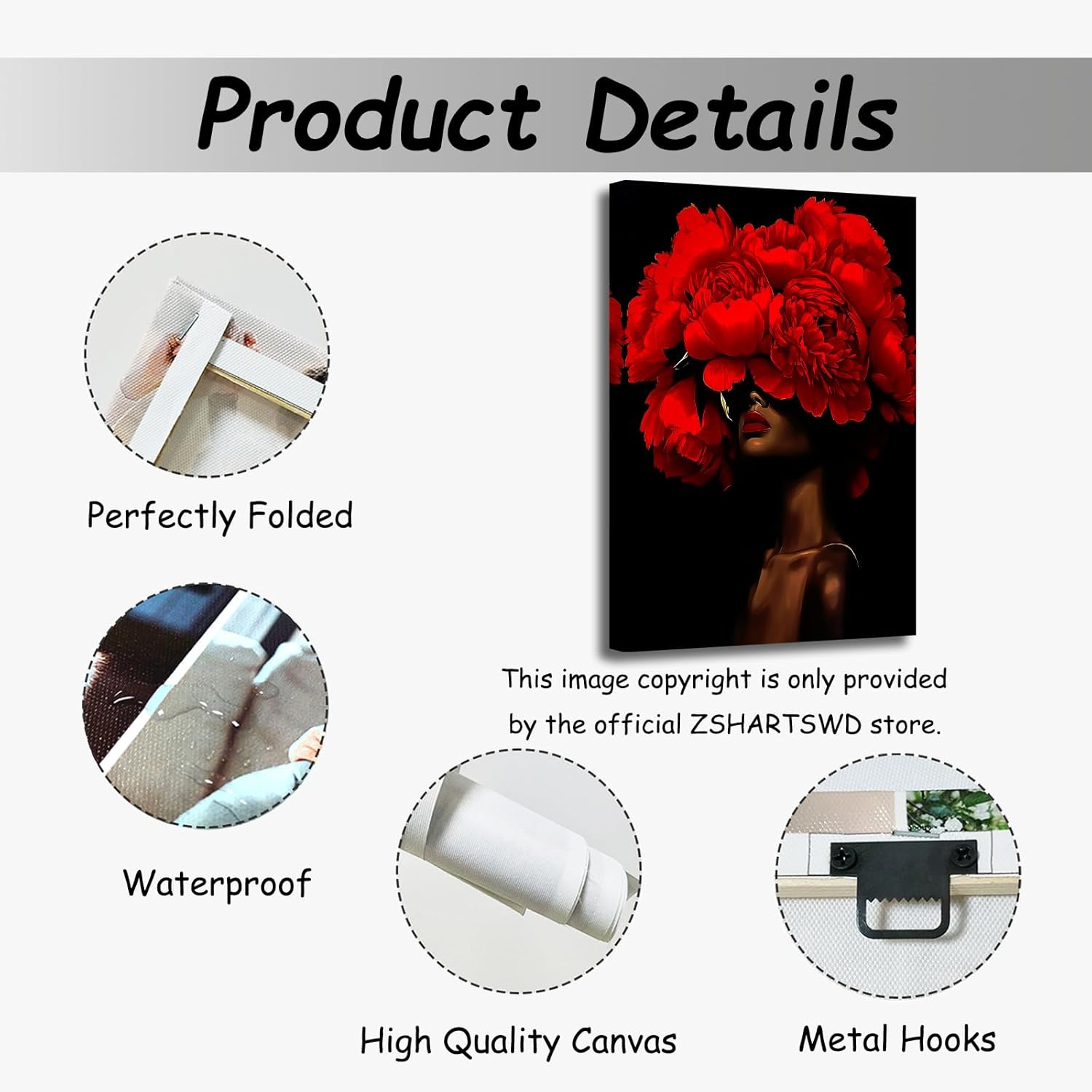 ZSHARTSWD African American Canvas Wall Art Black Woman with Flowers on Head Picture Abstract Black Girl Painting Prints for Girls Room Bathroom Decor Framed (Red, 24L x 16W)