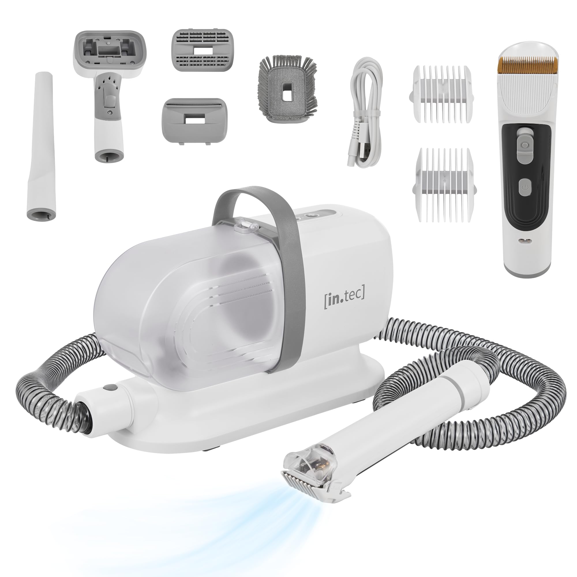 in.​tec Kit Toelettatura 5 in 1 per Animali Domestici Tosatrice Elettrica e Aspirapolvere con Contenitore Rimovibile Trimmer Cani Gatti Asciugapeli - Bianco/​Grigio