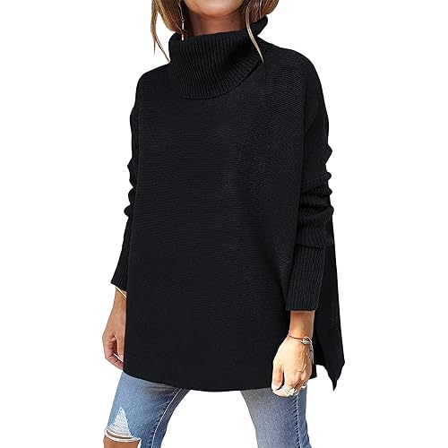 ANRABESS Women's Oversized Turtleneck Batwing Sleeve Spilt Casual Loose Knit Tunic Pullover Sweater Tops 2024 Fall Outfits